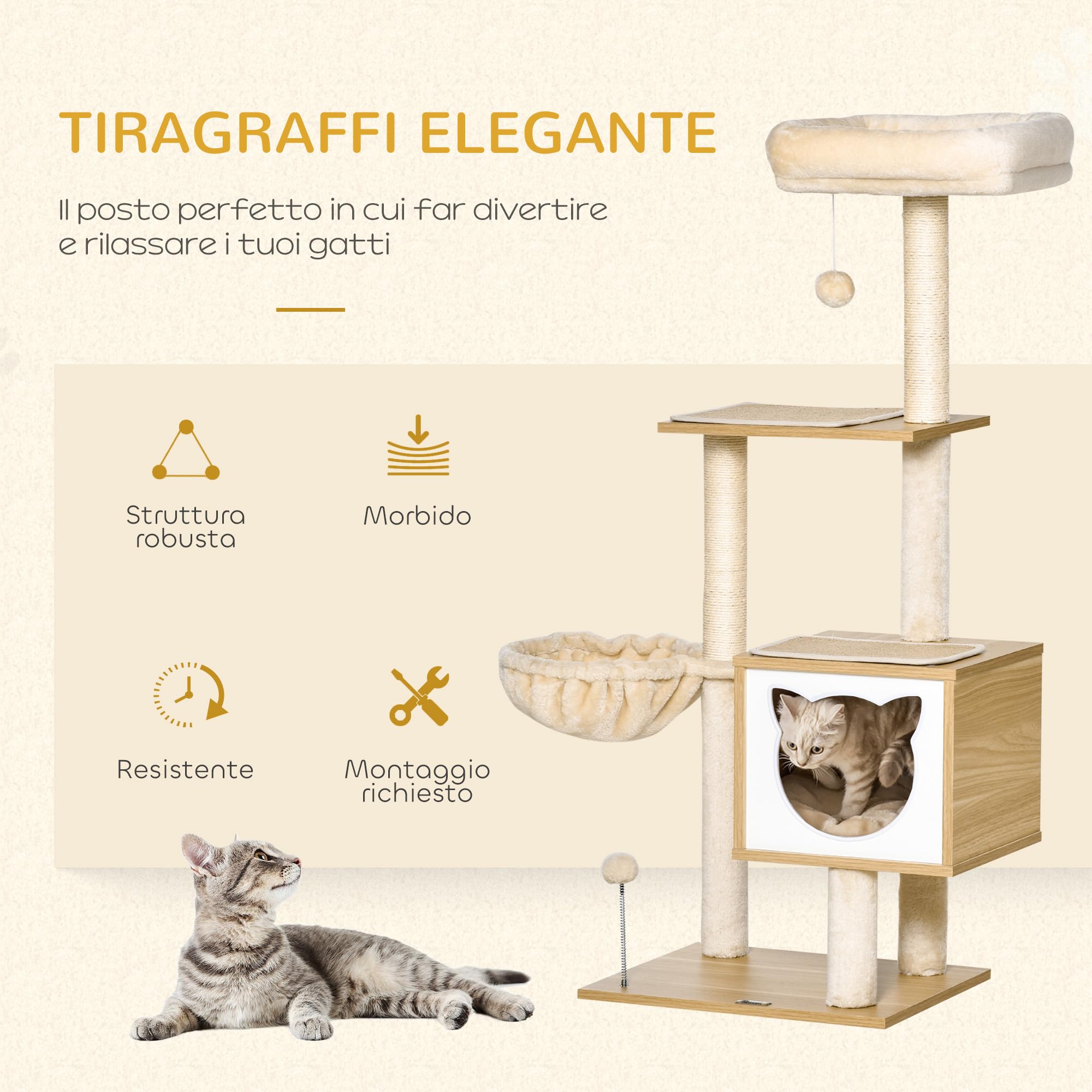 PawHut Tiragraffi per Gatti con 2 Pali 48x40x126 cm Beige e Color Legno | Casetta, Amaca, Lettino, 2 Palline Giocattolo, Albero per Gatti in Legno, Peluche e Sisal