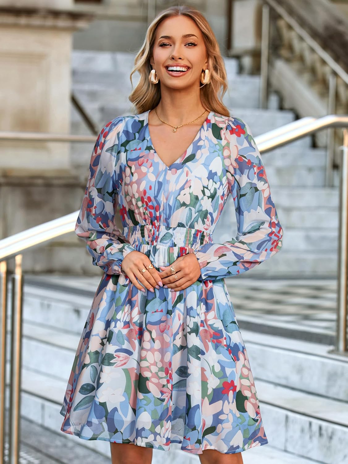 Simplee Womens Floral Mini Dress Long Sleeve Casual V Neck Chiffon Modest Boho Flowy Fall Wedding Guest Dresses - Image 5
