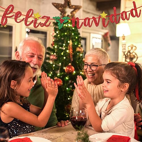 Miniatura 5 de Banner de Feliz Navidad con purpurina roja, guirnaldas de banderines de Navidad españolas, decoración de fiesta festiva, manto de invierno,