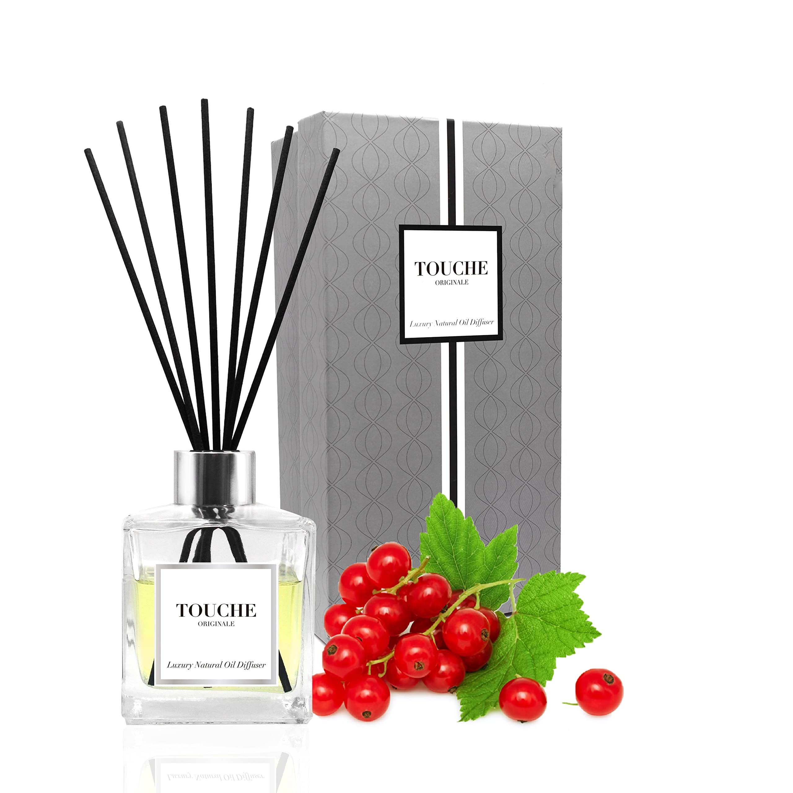 TOUCHE Luxury Natural Reed Diffuser. Long Lasting Scented Home Fragrance. Natural Essential Oil Alcohol-Free. 4.75 OZ. Glass Bottle (Berries & Red Currant - Clear Bottle)