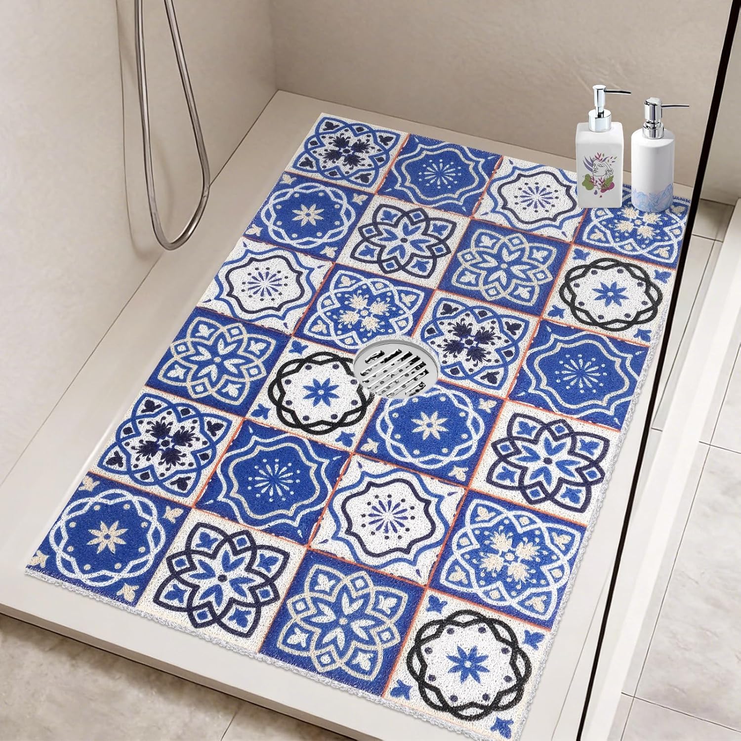 Shower Mat Non Slip: 24x36 Inch Loofah Shower Mats for Inside Shower, Soft PVC Anti Slip Shower Mat with Drain Holes in Middle, Quick Drying Bath Mats for Shower, Stand Up Shower Mats Cuttable