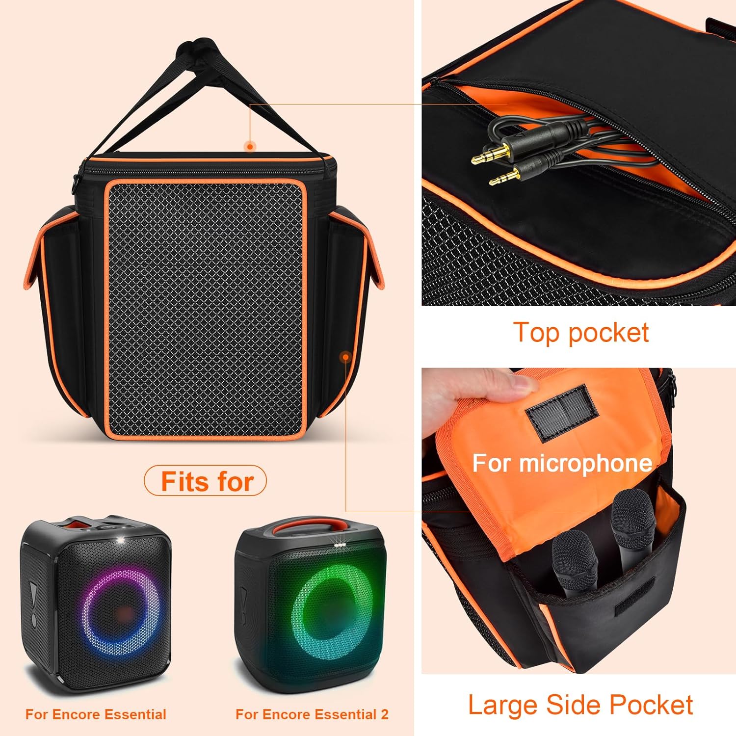 Carrying Case for JBL Partybox Encore Essential/Essential 2 Speaker, Portable Bluetooth Speaker Holder Bag with 2 Pockets for PartyBox Microphones, Charger, Cable and Accessories (Box Only) -Black - Image 5