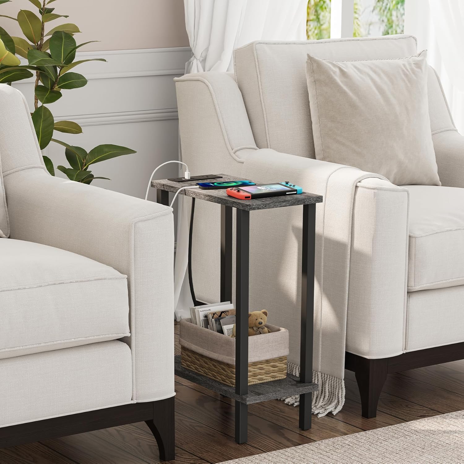 TUTOTAK Small End Table with Charging Station, Narrow Side Table with USB Ports and Outlets, Set of 2, Skinny Sofa Table, Slim Nightstand, Living Room, Bed Room, Charcoal Grey TB01BY0602