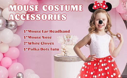 Disfraz De Ratón Para Niña – 4 Accesorios: Tutú Rojo De Lunares, Diadema Con Orejas Y Lazo, Guantes Y Nariz – Halloween Y Cumpleaños