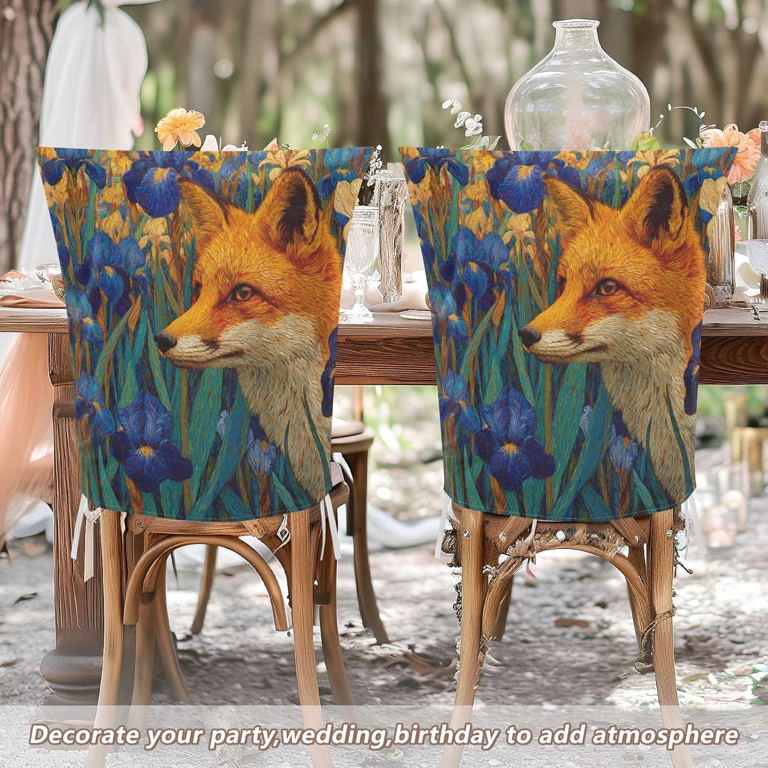 ALAZA Iris Flowers and Fox Chair Back Cover Set of 6, Washable Reusable Removable Chair Slipcovers Decorative Chair Cover for Home Kitchen Wedding Party
