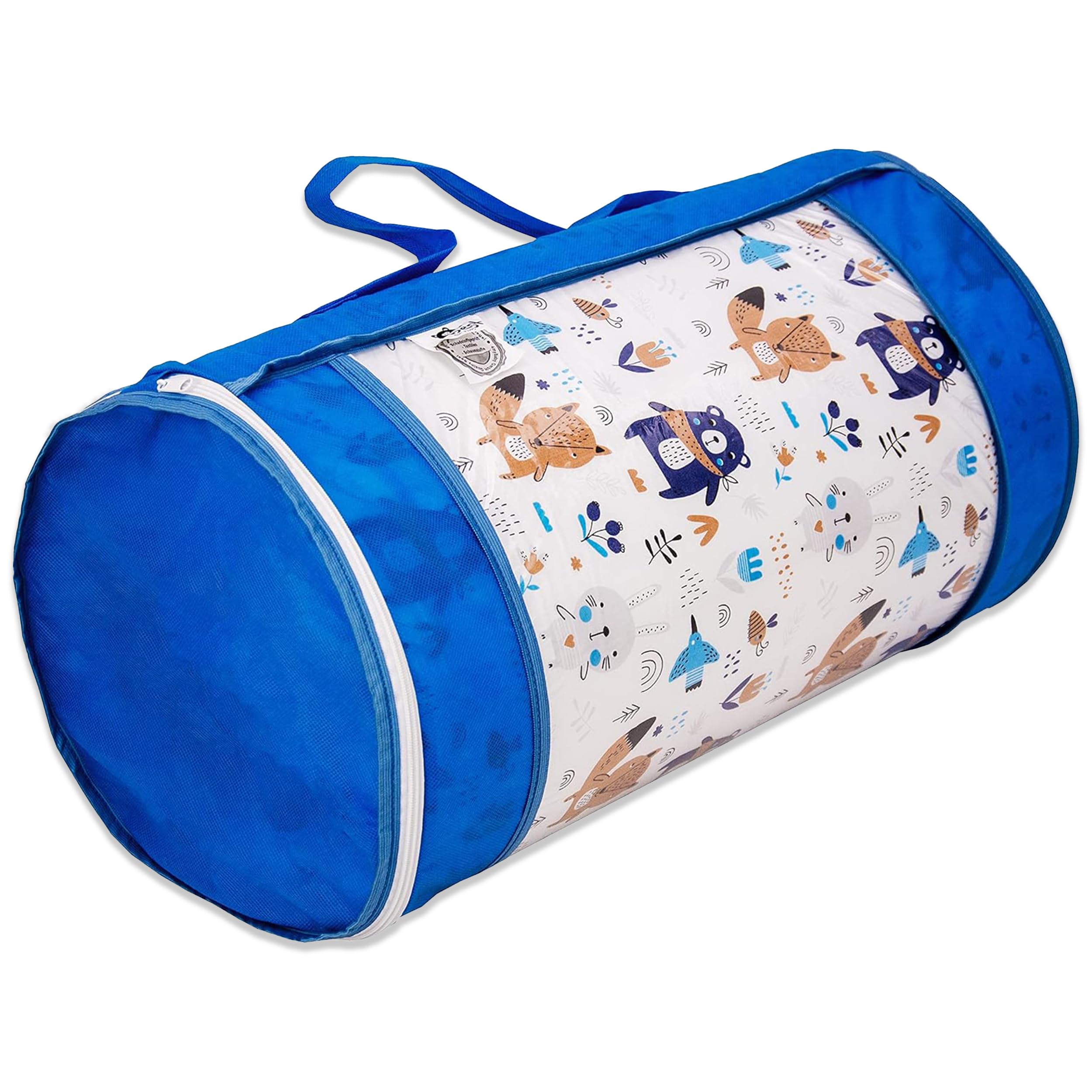 Universelle Reisebettmatratze 70x140 cm – Klappmatratze mit blauem Waldtiere-Bezug