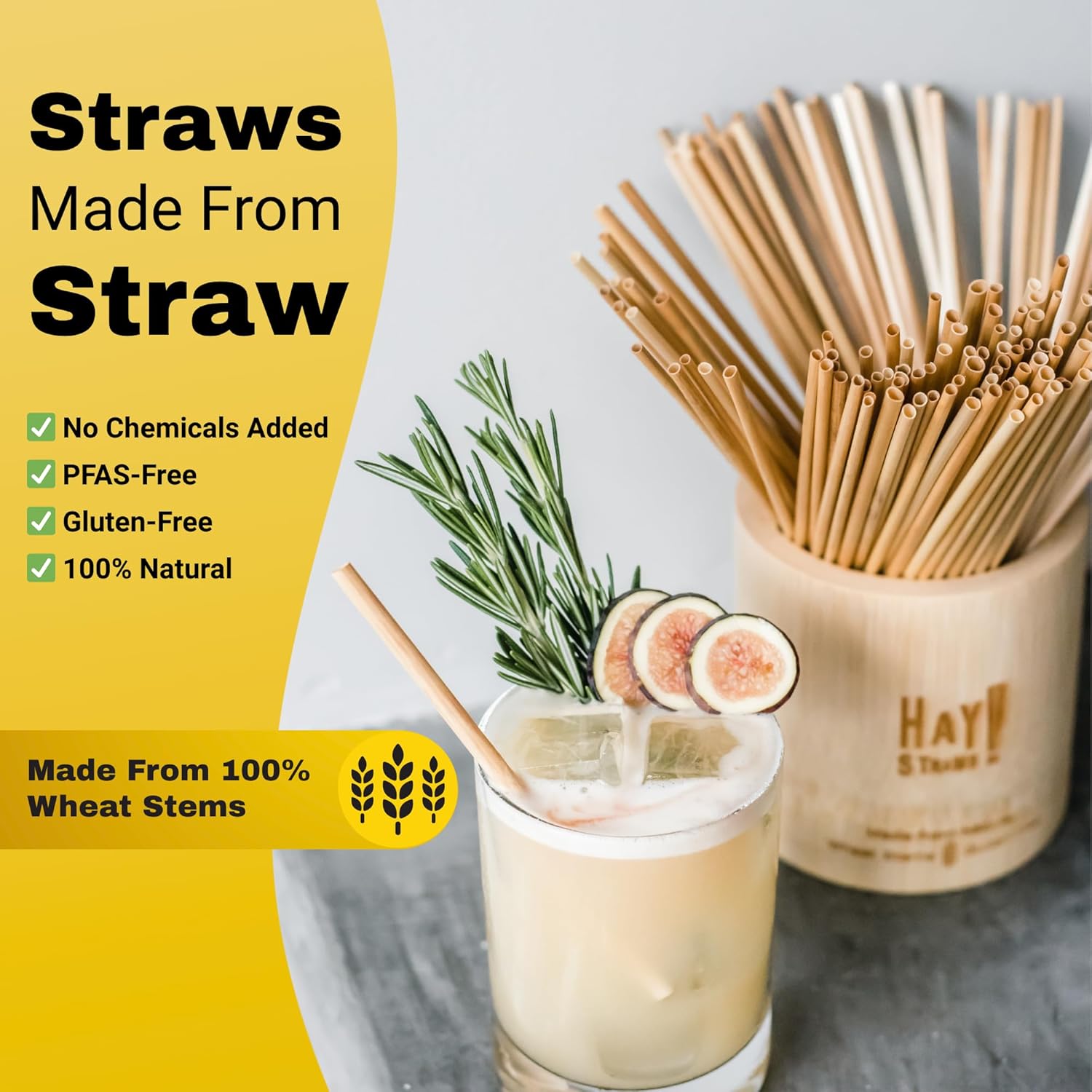 HAY! Straws® 5” Cocktail Straws | 3000ct Disposable Natural Wheat Stem Straws | Never Soggy, Neutral-Taste | 100% Biodegradable, Compostable | For Lowball Drinks and Cocktails