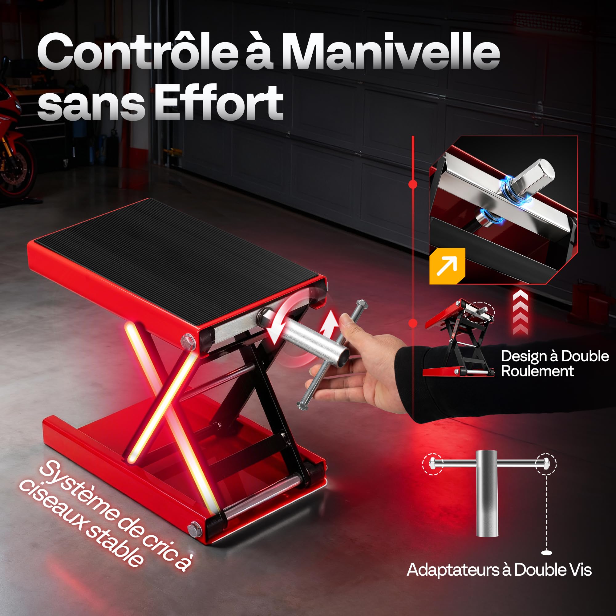 VIVOHOME Élévateur de Moto à Ciseaux en Acier avec Large Plateforme et Manivelle, Support Central Capacité 500kg pour ATV Motos Tout Terrain Garage Réparation Rouge