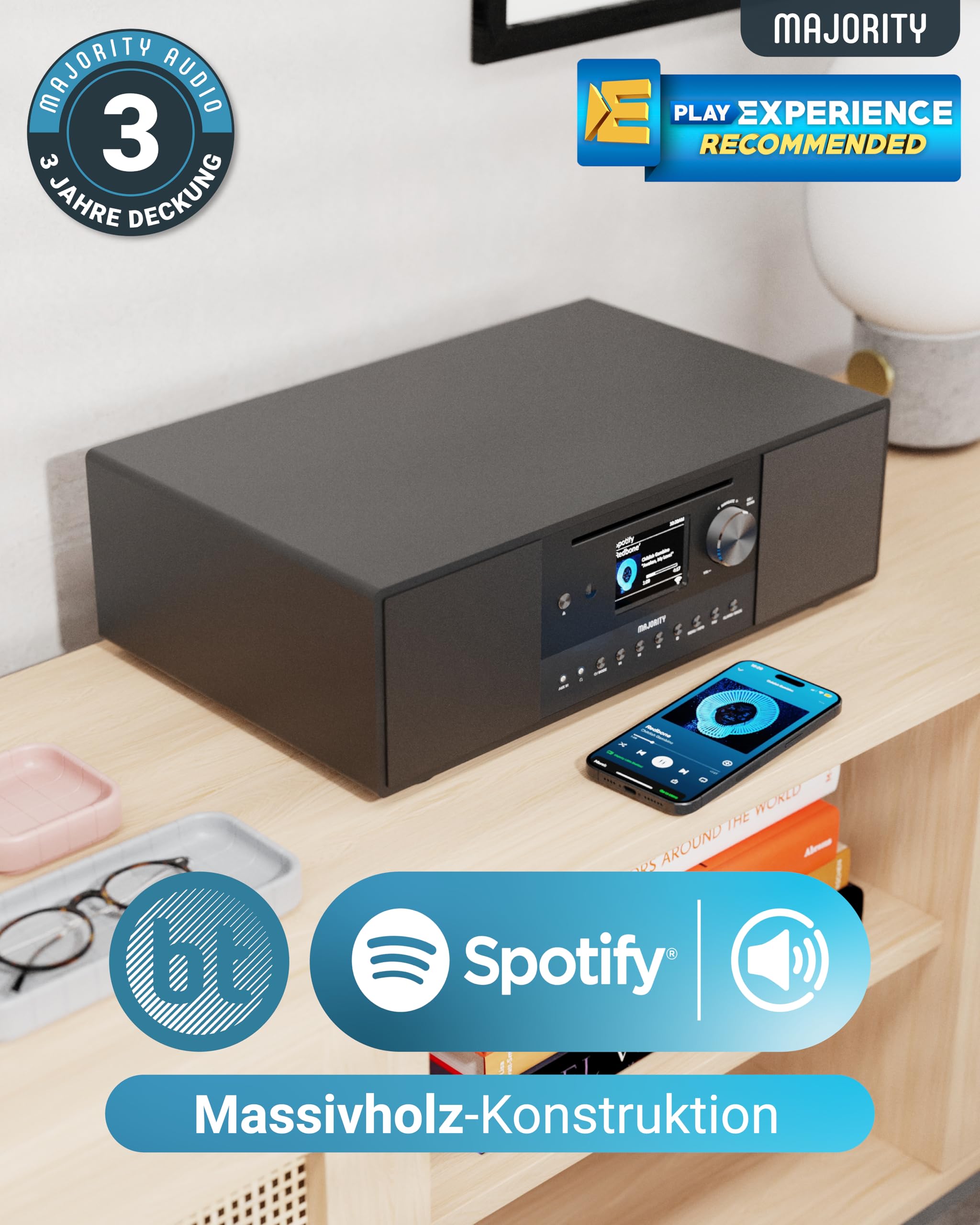 Internetradio WLAN mit CD Player | Stereoanlage Bluetooth mit Radio DAB+ & UKW | 120W 2.1 Stereo Lautsprecher mit Eingebauter Subwoofer | Küchenradio mit Spotify Connect & Podcasts | MAJORITY Quadriga