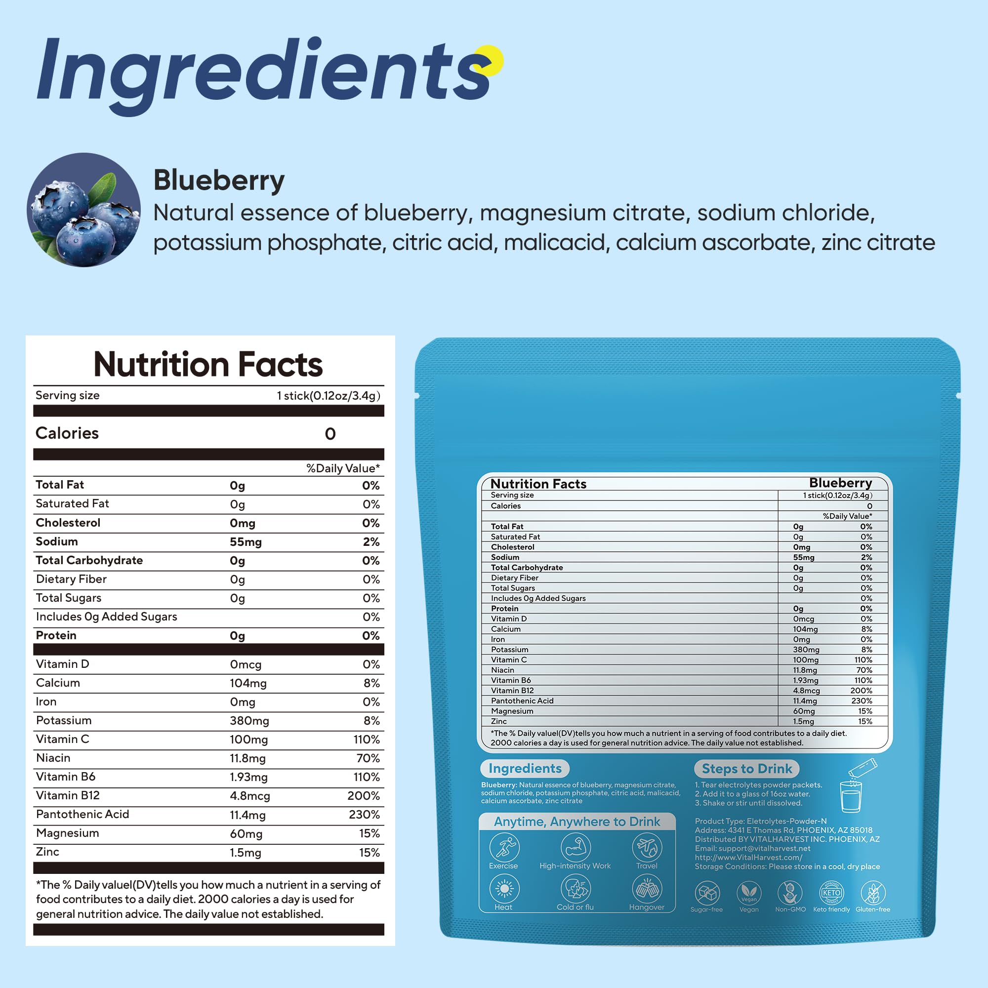 36 Sticks Electrolytes Powder Packets Sugar Free Hydration Packets Electrolyte Liquid Daily IV Drink Mix with Blueberry, Low Sodium, 0 Calorie — Amazon image 2