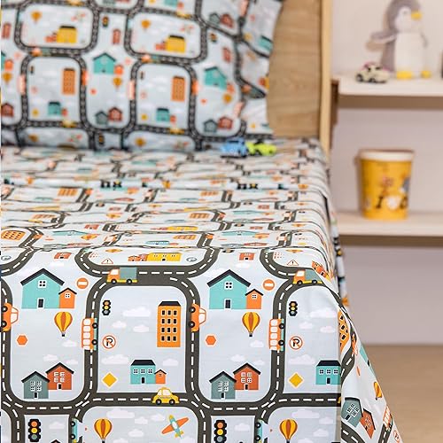 Nikki Peter - Juego de sábanas para niños y niñas, 100 % algodón, sábanas de automóvil tamaño individual, juego de sábanas súper suaves de fácil