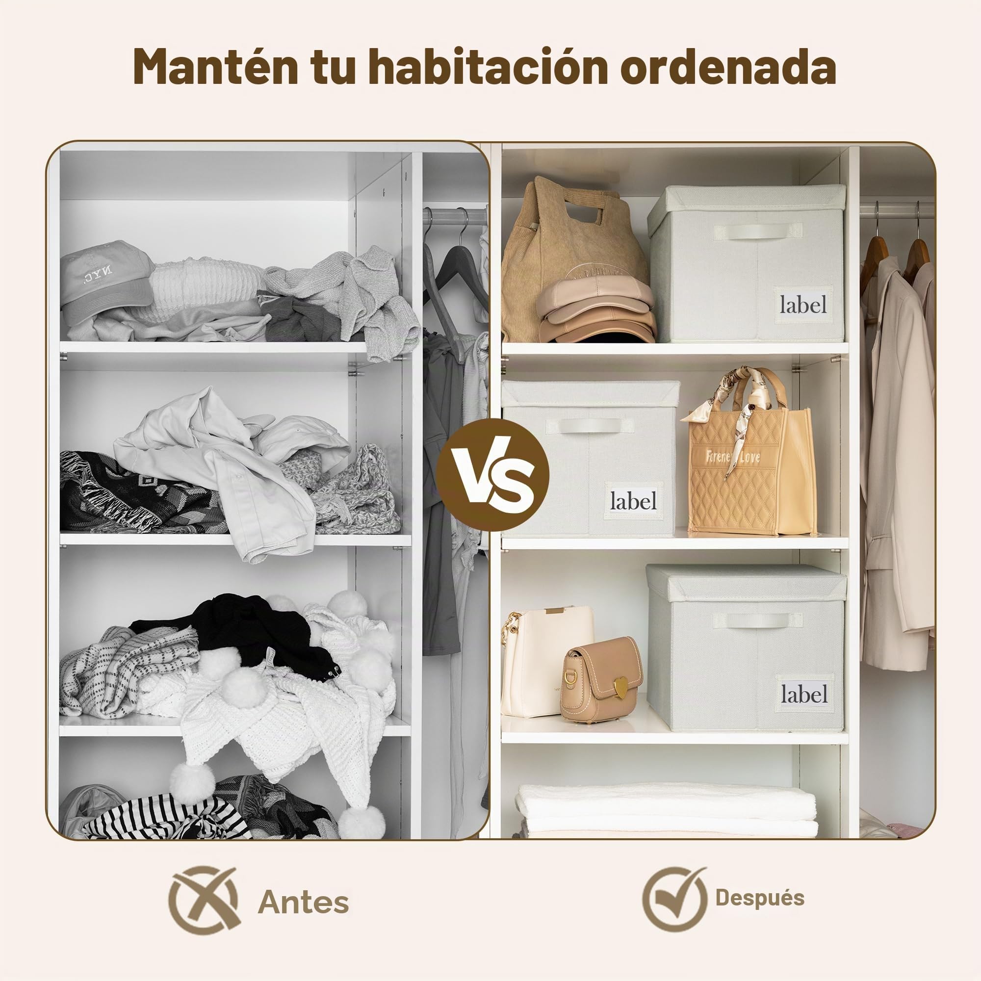GRANNY SAYS Contenedores de tela con tapas, organizador de estantes para armario, color blanco perla, paquete de 3