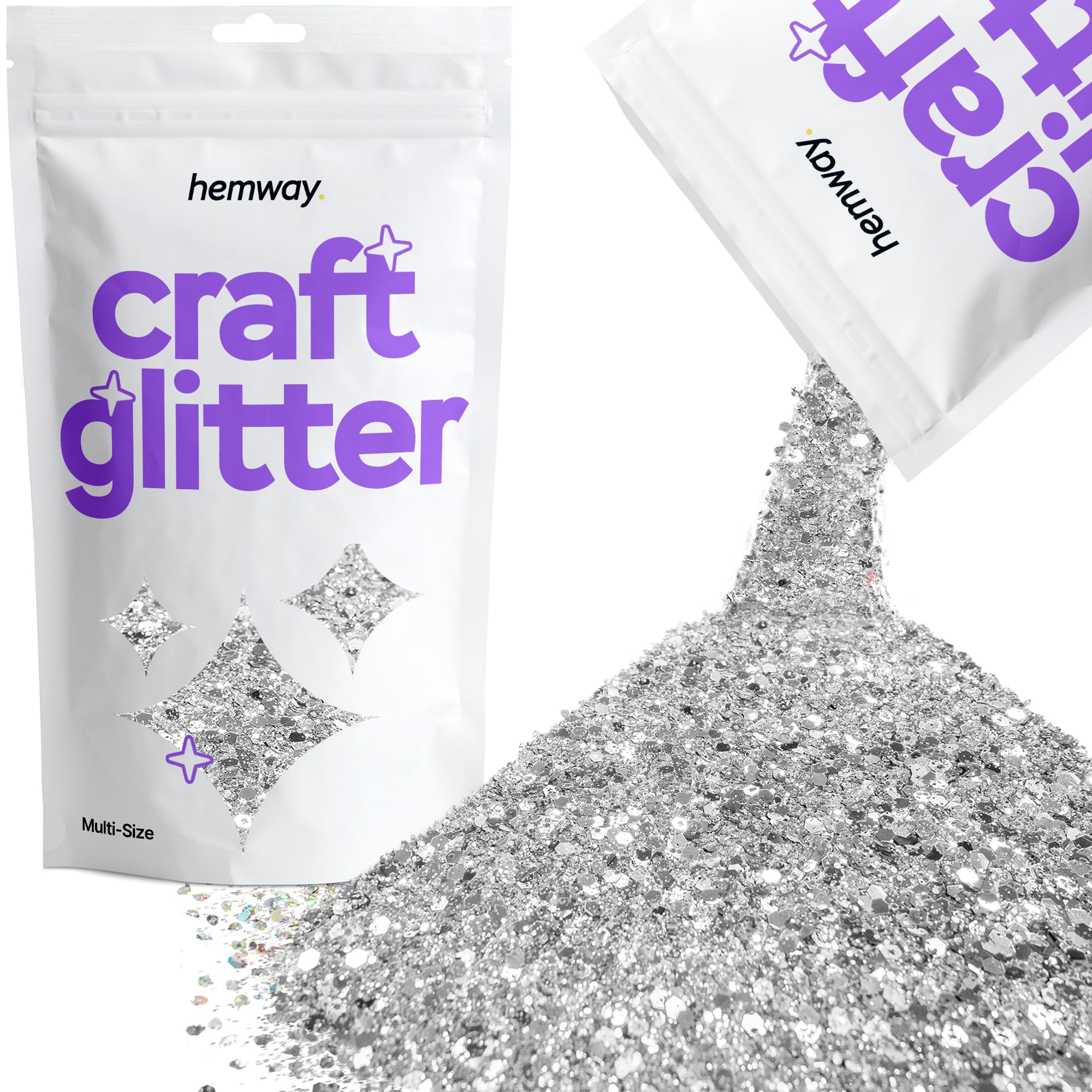 Hemway Craft Glitter - Mezcla De Purpurina Fina Gruesa De Varios Tamaños Para Manualidades, Vasos, Resina, Pintura, Decoraciones, Epoxi, Cosméticos - Plata - 100g / 3.5oz