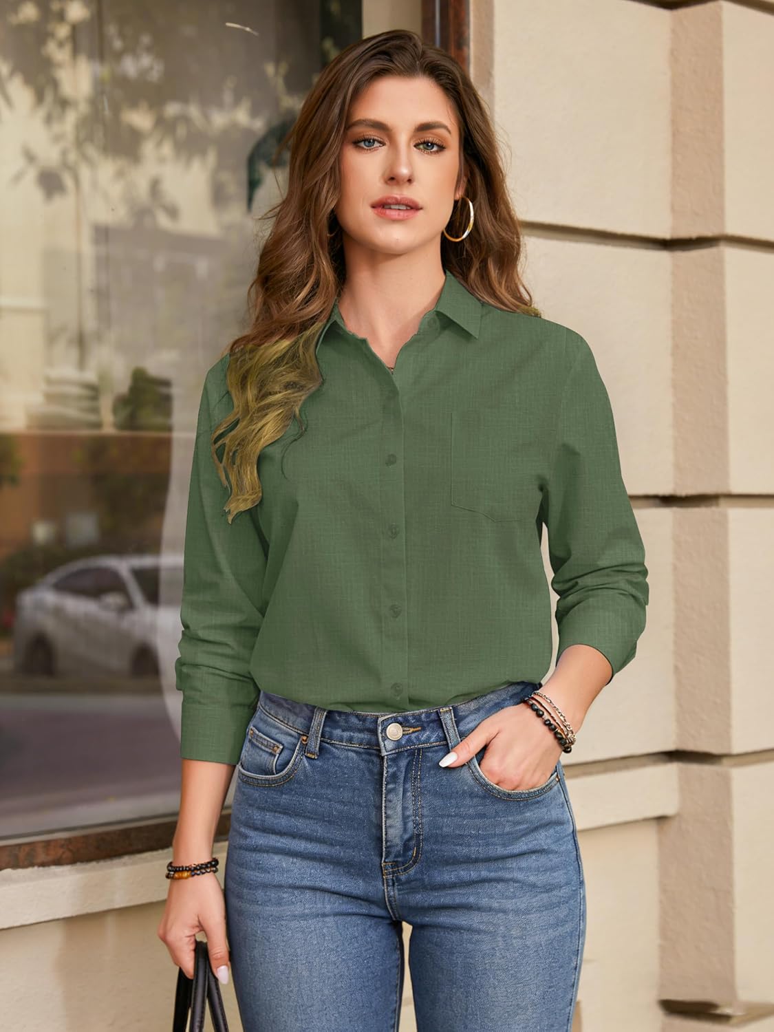 Womens Cotton Linen Textured Shirt Long Sleeve Button Down Collared Blouses Dressy Casual Gauze Tops with Pocket Breathable image 3