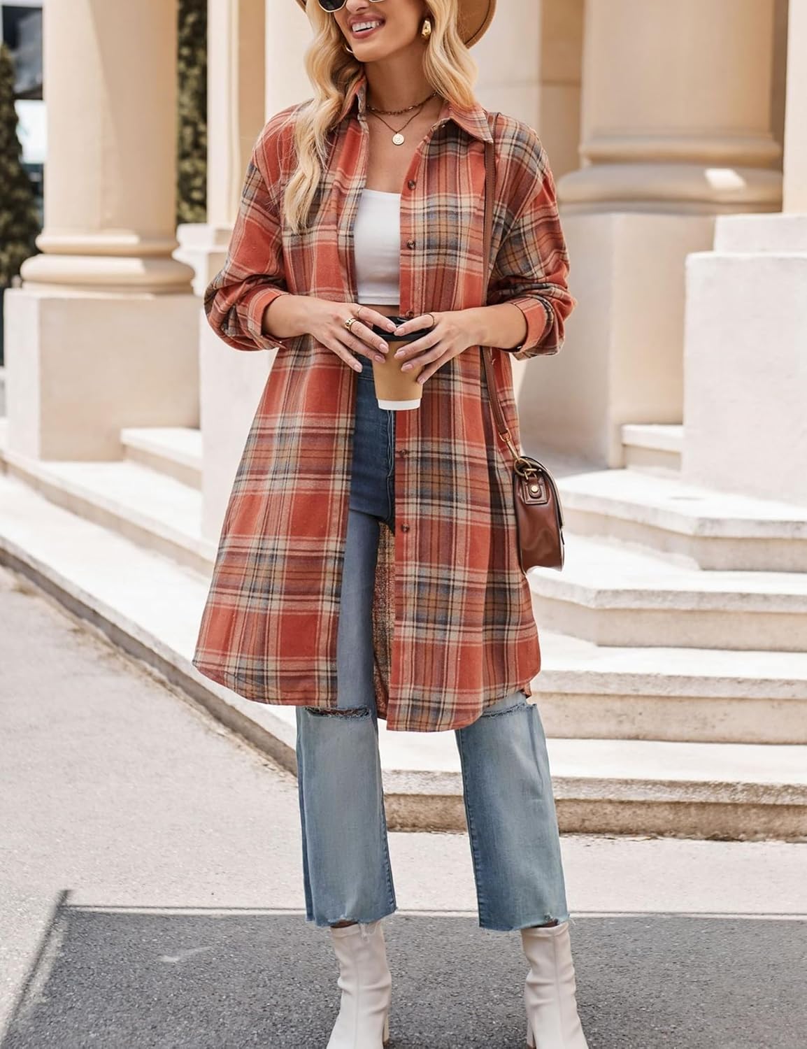 Zontroldy Women's Mid Long Casual Button Down Long Flannel Shirts Plaid Shacket Jacket with Pockets - Image 4