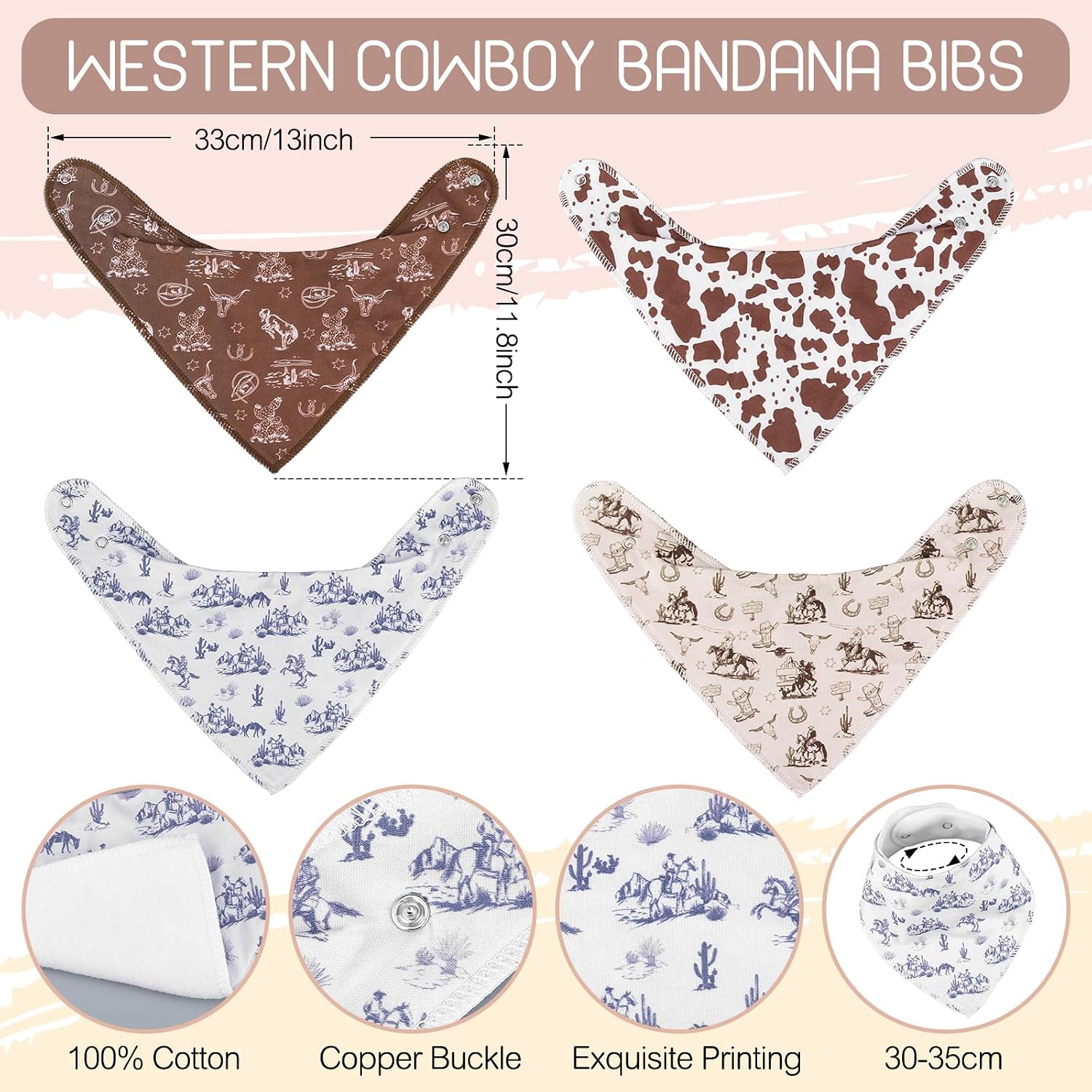 VitalCozy 4 Pcs Vintage Western Baby Bandana Bib Cotton Newborn Infant Feeding Drool Bib for Drooling and Teething Girl Boy