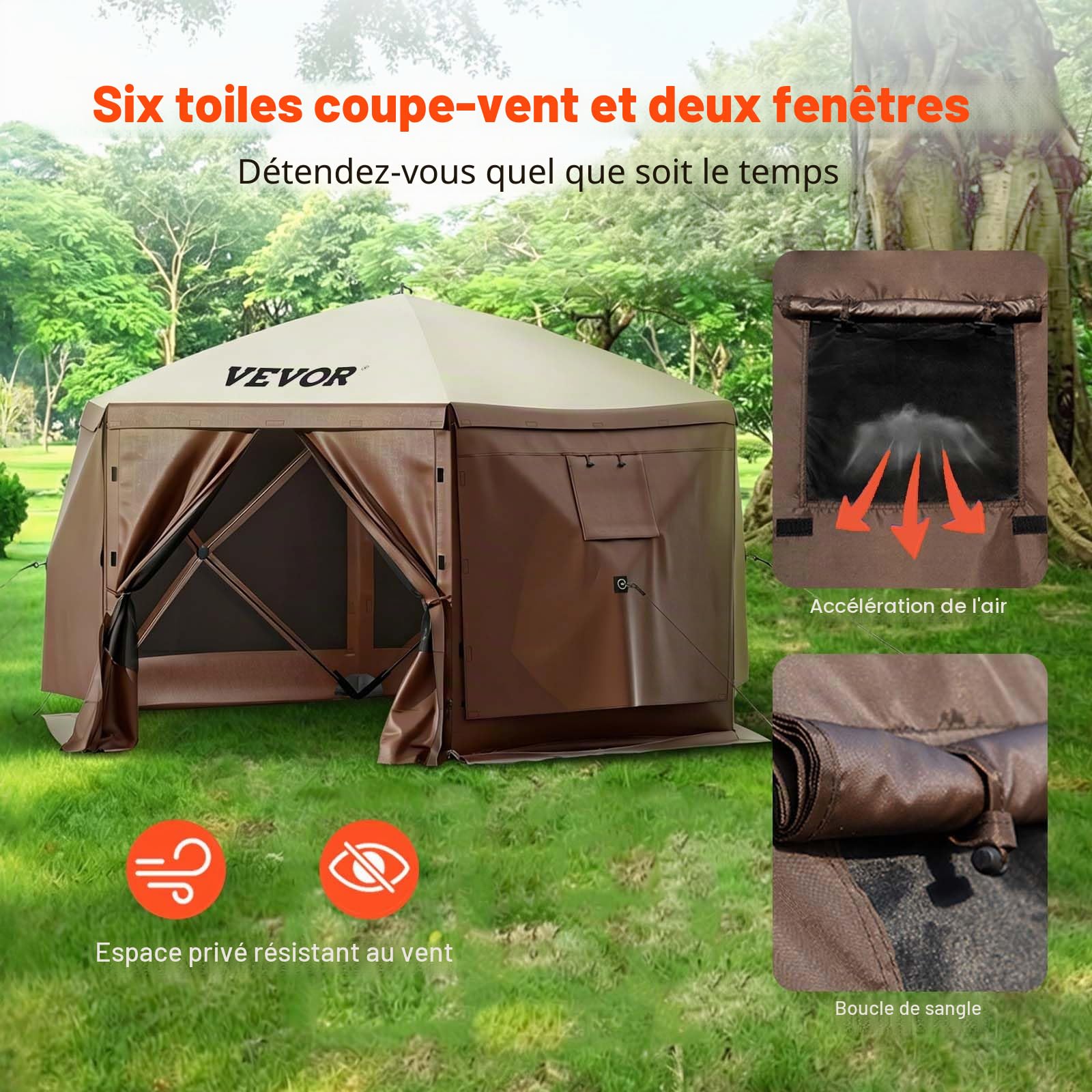 VEVOR Tente d'abri de Camping Pop-up, Pare-Soleil à 6 côtés avec fenêtres en Maille, Sac de Transport Portable, piquets de Sol, Grandes tentes d'ombrage pour Camping en Plein air, pelouse et Jardin
