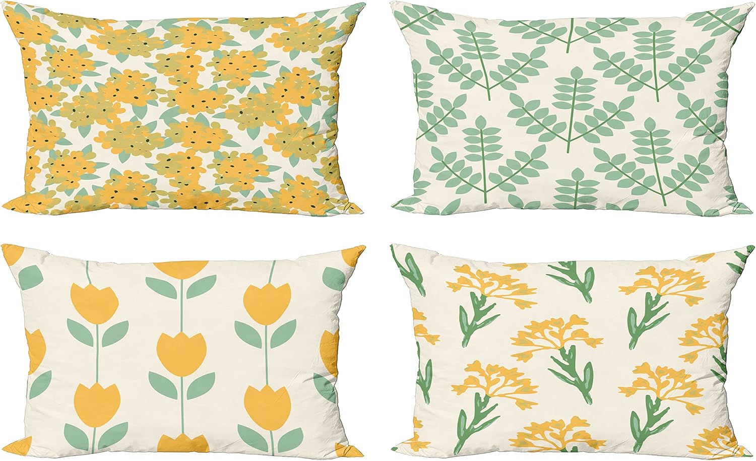 Ambesonne Floral Throw Pillow Cushion Case Pack of 4, Summer Blossoming Pattern Flowers Romantic Themed Branches Motif, Modern Accent Double-Sided Printing, 20" x 12", Mustard Pale Teal and Ivory