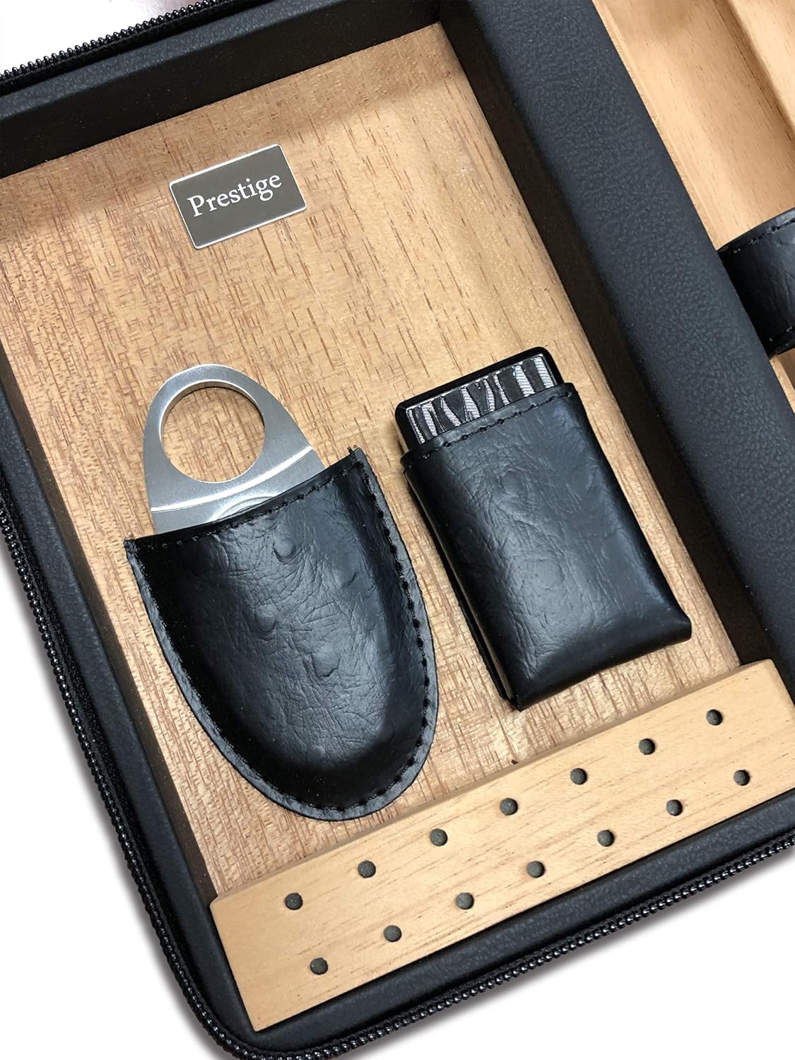 Prestige Import Group - The Manhattan Ostrich Motif Leather Travel Humidor Cigar Case w/Lighter, Cutter & Humidifier with Zipper Closure - Color: Black