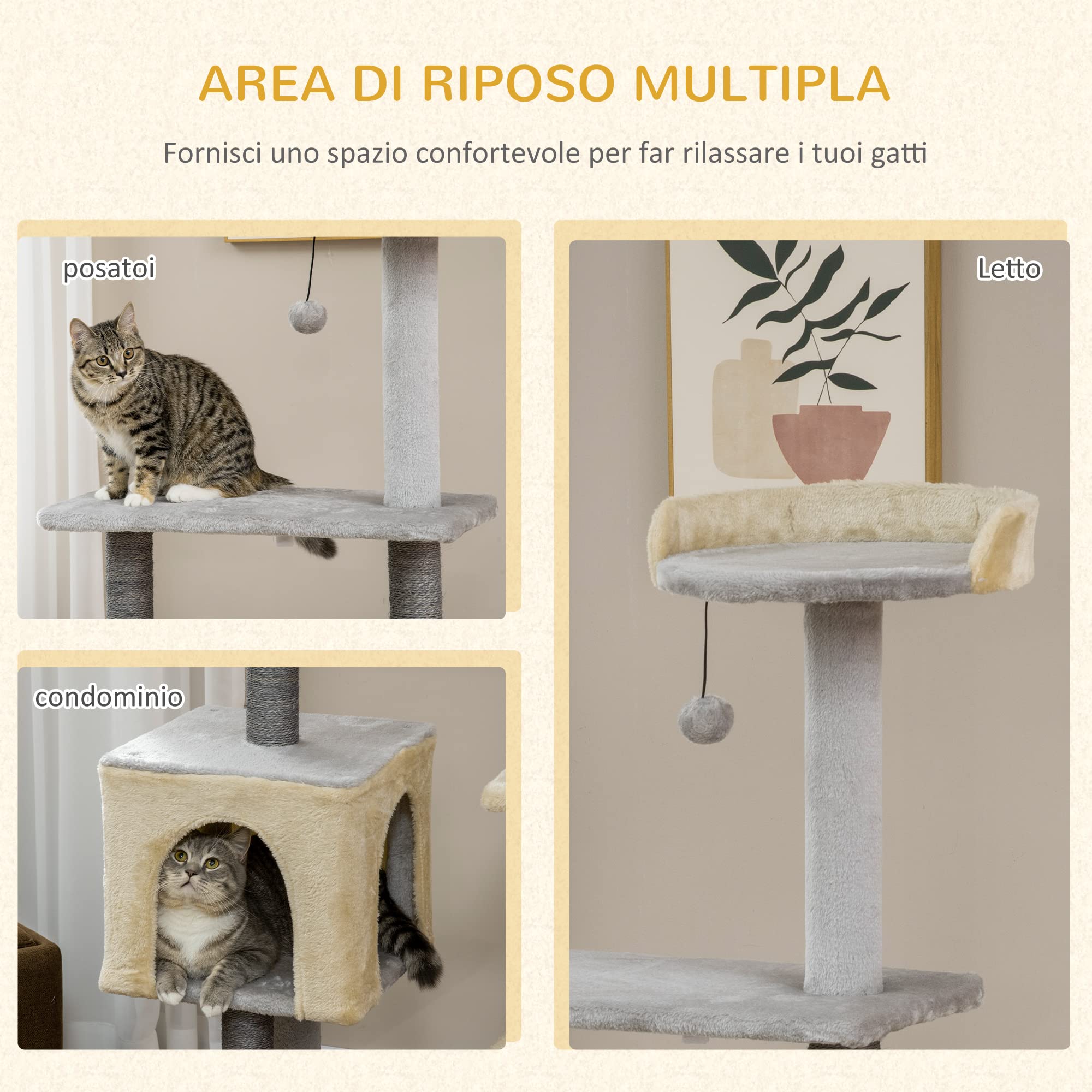 PawHut Tiragraffi per Gatti Alto 156cm con Lettino e Casetta Grigio e Beige | Pali Tiragraffi in Sisal, Legno e Peluche