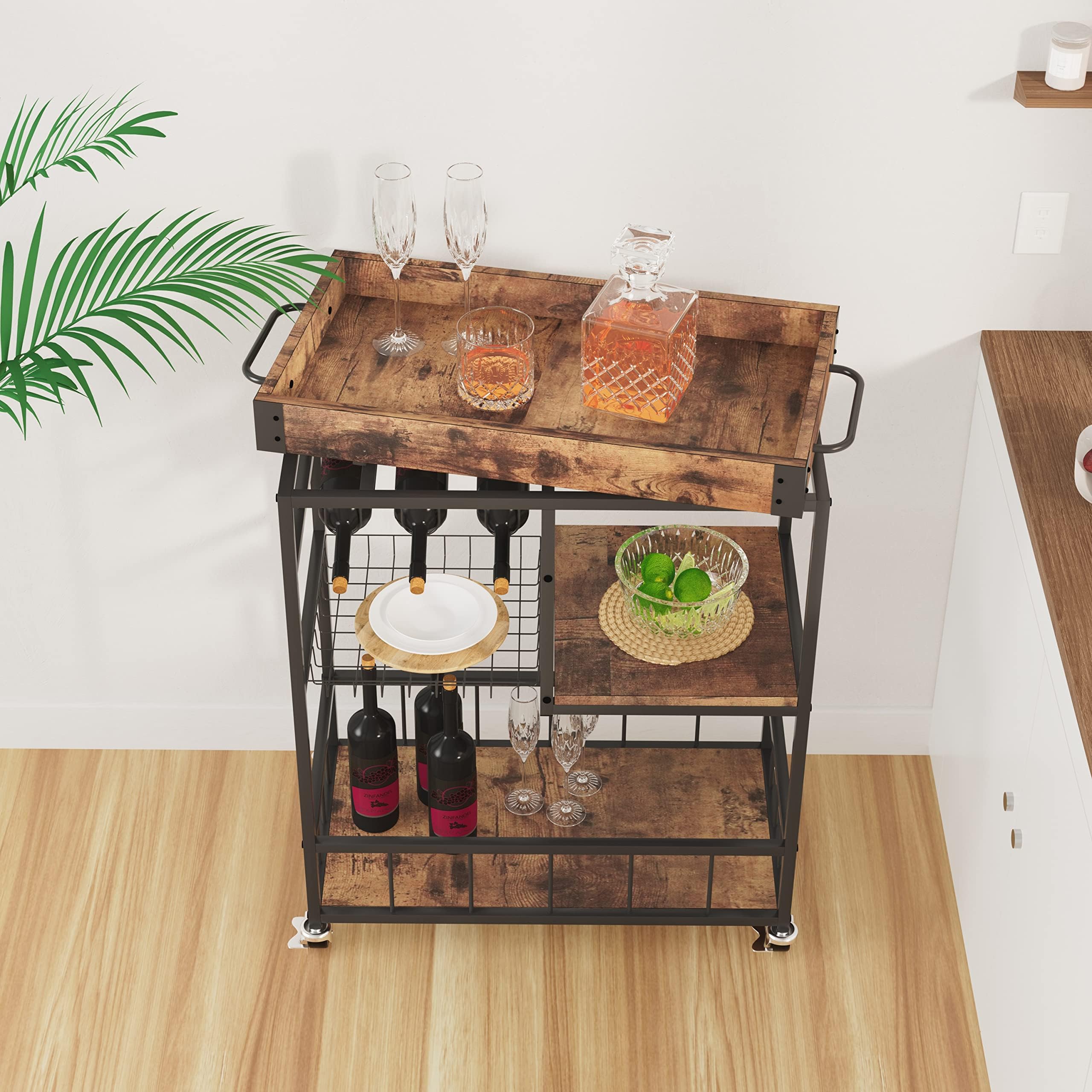 Huhote Carrito de servir, carrito de cocina con estante para vino, carrito de bar, carrito de bebidas, carrito con ruedas, carrito de vino para comedor, cocina, salón, bar, fiesta, marrón grano de