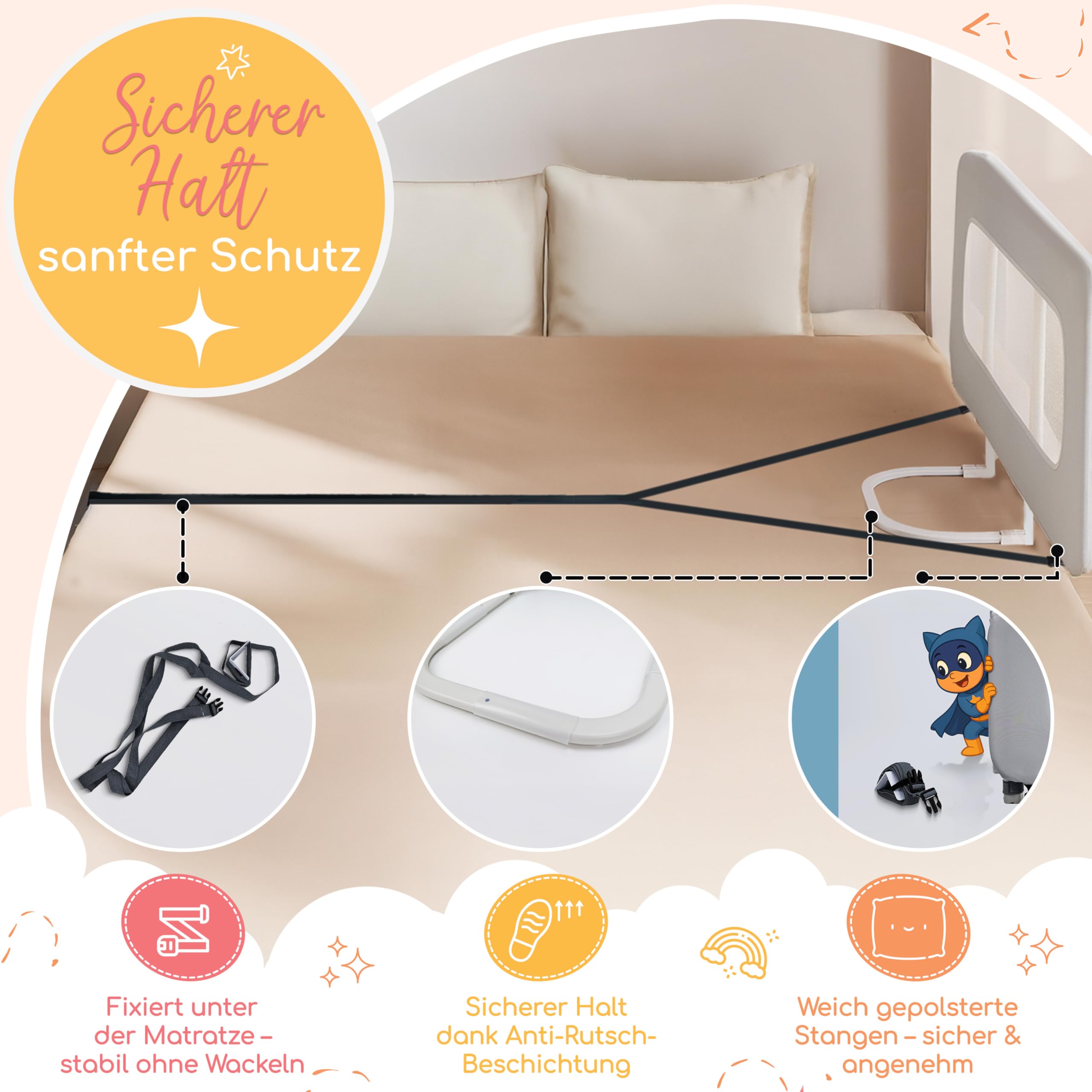 zoula kidz® faltbares Bettgitter als Rausfallschutz Bett Reise - Klappbar & Höhenverstellbar - Bettschutzgitter für Boxspringbett, Elternbett, Kinderbett - Mit Tasche & Gurt - ultrakompaktes Packmaß