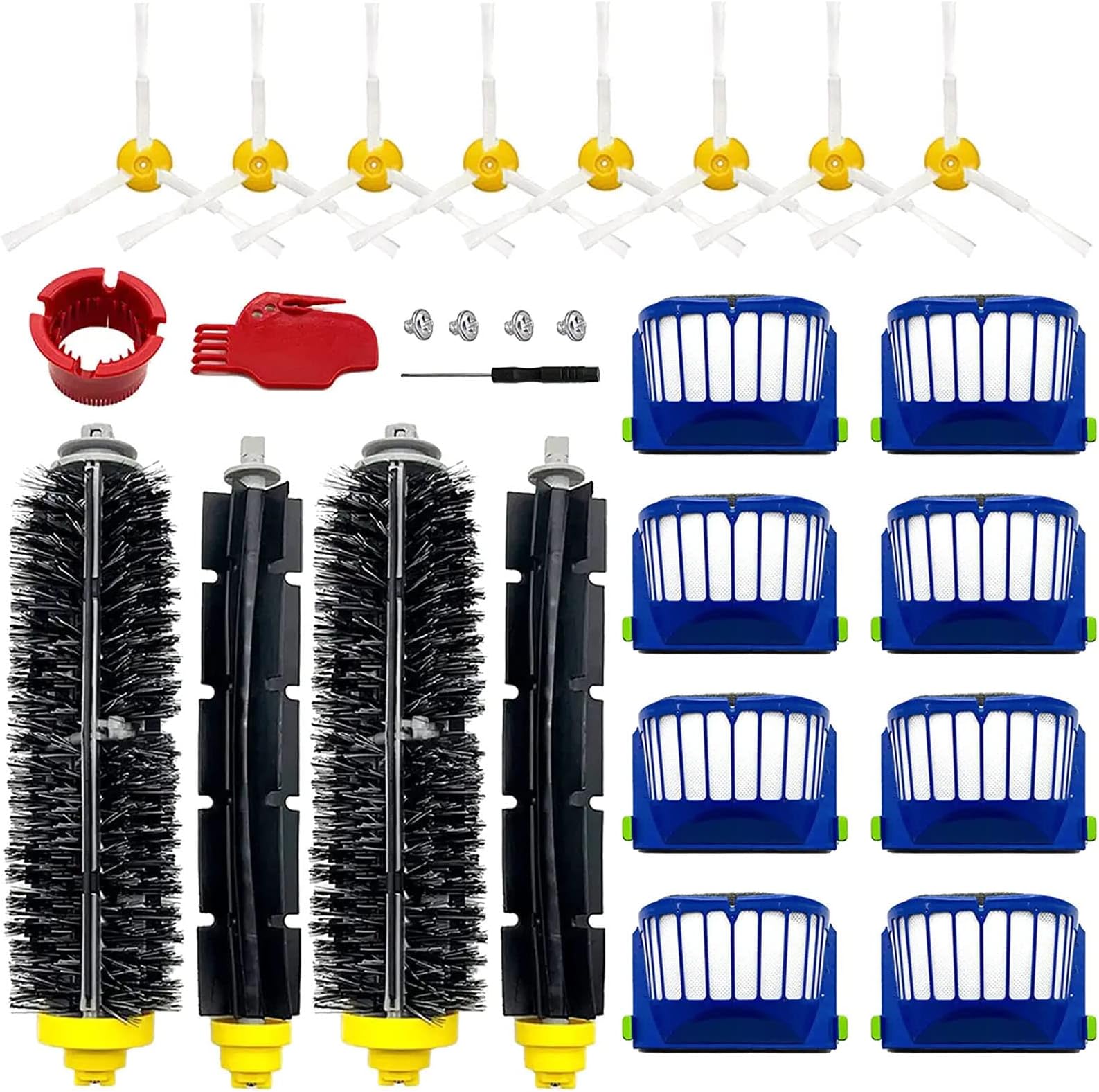 Replacement Parts for iRobot Roomba 675 690 680 660 651 650 614 610 595 585 564 552 Vacuum, Replenishment Kit 8 Filters, 8 Side Brushes, 2 Set Bristle and Beater Brush,2 Tools
