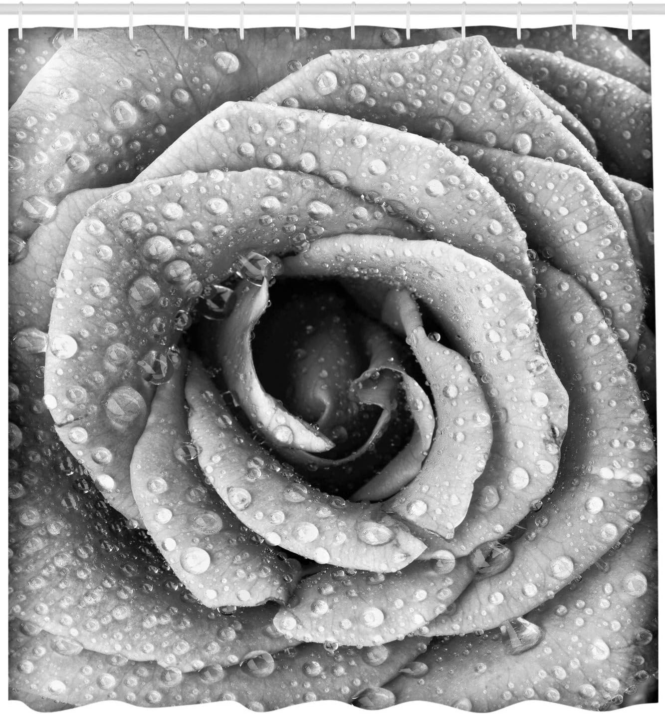 Ambesonne Flower Shower Curtain, Retro Romantic Rose Petal with Rain Water Drops Valentines Love Picture, Cloth Fabric Bathroom Decor Set with Hooks, 69" W x 84" L, White Black