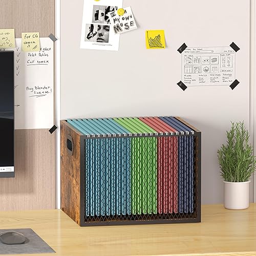 Miniatura 4 de Piskyet Organizador de archivos colgante de madera para escritorio, organizador de carpetas de archivos de malla metálica, caja de almacenamiento