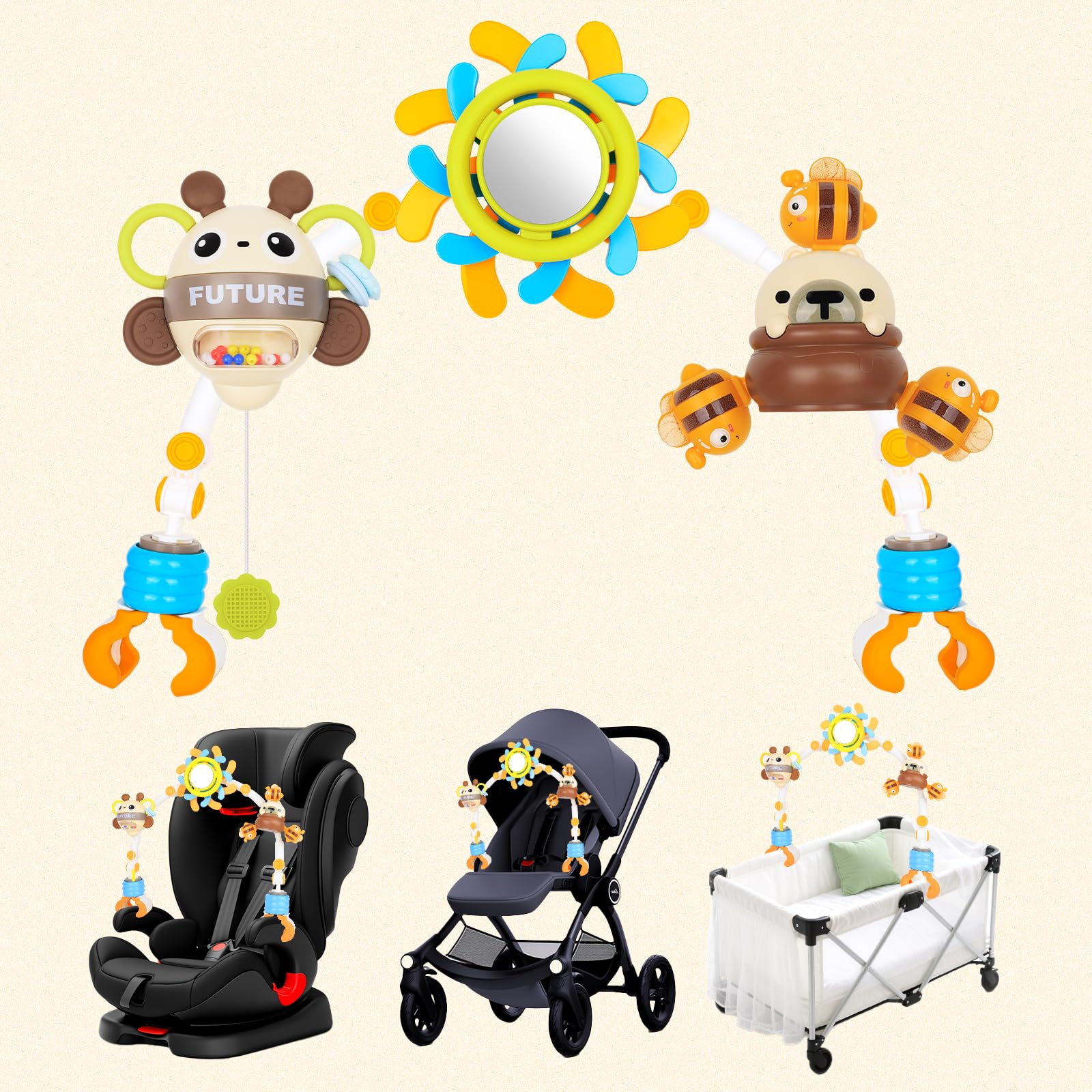 Giocattoli per seggiolino auto per bambini da 0 a 6 mesi, accessori per passeggino da appendere per culla, giocattolo ad arco regolabile con clip mobile sul passeggino, regalo per neonati e ragazze