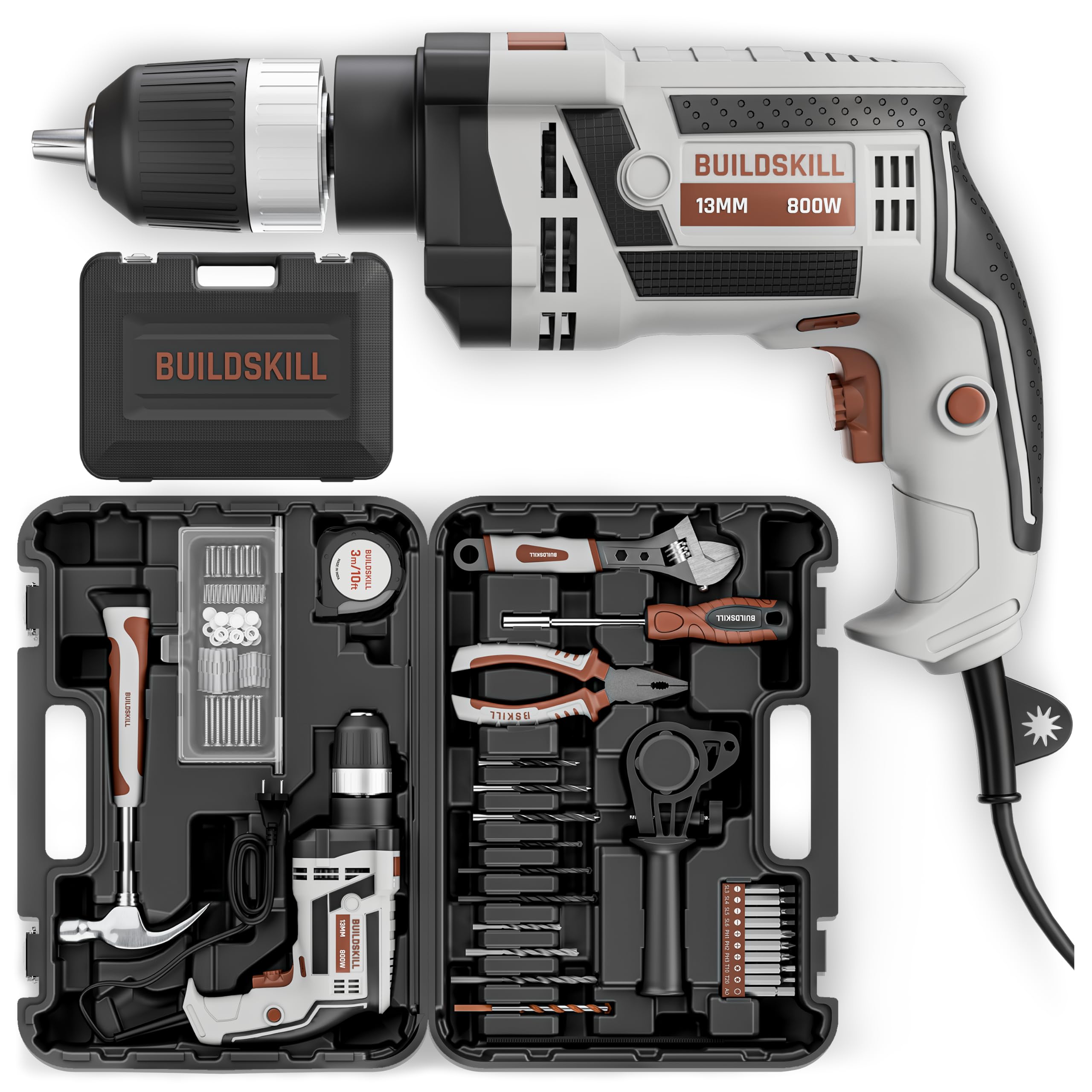 BUILDSKILL 136 PCs 800W Corded Electric Drill Toolkit | 3300 RPM | 48000 BPM Impact Rate | Copper Motor | 13mm Keyless Chuck Drill Machine for Wall Drilling | Forward-Reverse | Professional & DIY use-image-26
