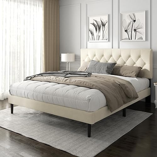 King Size Platform Bed Frame with Upholstered Button Tufted Headboard, Mattress Foundation with Wooden Slat Support, Noise Free, No Box Spring Needed, Easy Assembly, Beige Velvet