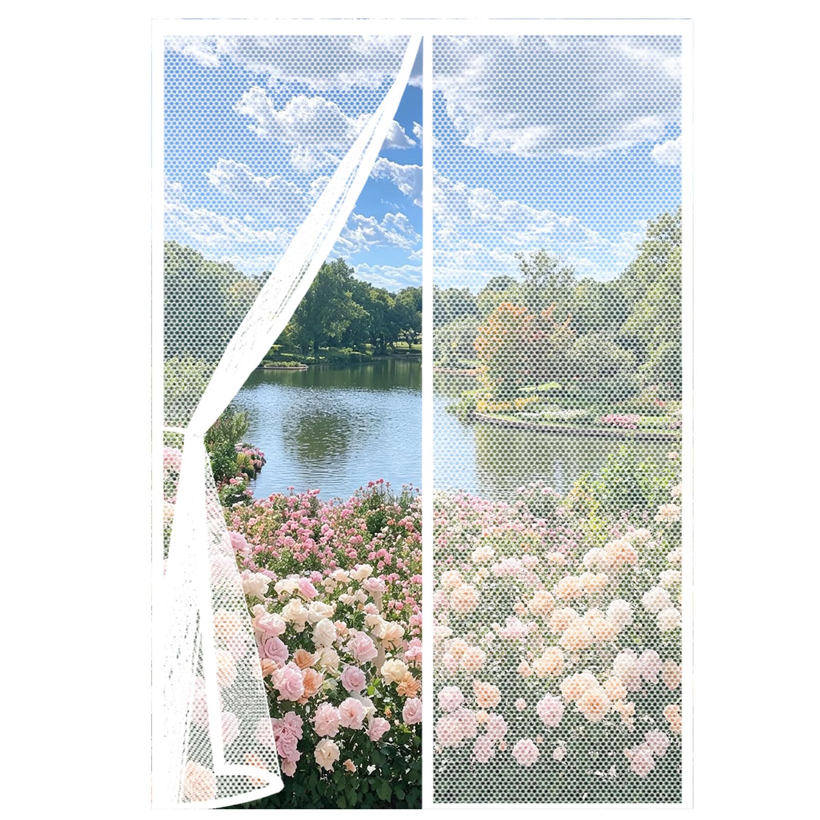 Fly Screens for Doors 110 x 225 cm Powerful Magnets and Full Frame Magic Tape Mesh Screen Curtain Easy to Install Without Drilling for Patio Bedroom Sliding Kitchen, White