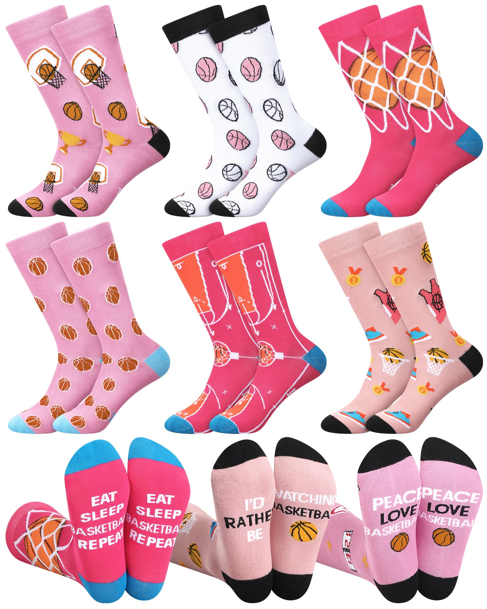 6 Pairs Novelty Basketball Socks for Women Funny Basketball Crew Socks Christmas Sports Gift for Basketball Sports Lover, Colorful, One Size-image-20