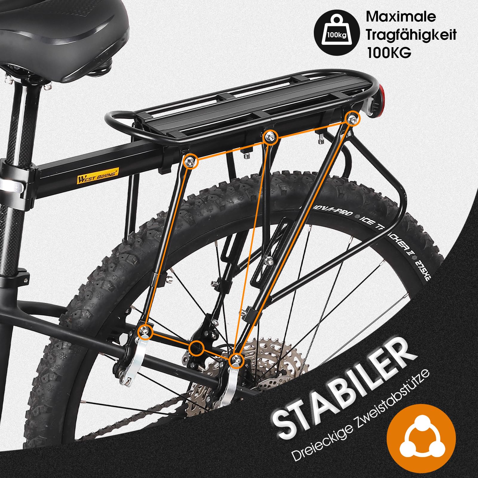 Gepäckträger Mountainbike, Fahrrad gepäckträger Schnellspanner mit Reflektor, Einstellbare MTB Gepäckträger Hinten, Doppelte Stützstange Fahrrad Gepäckträger Hinten, Maximalbelastung 100kg