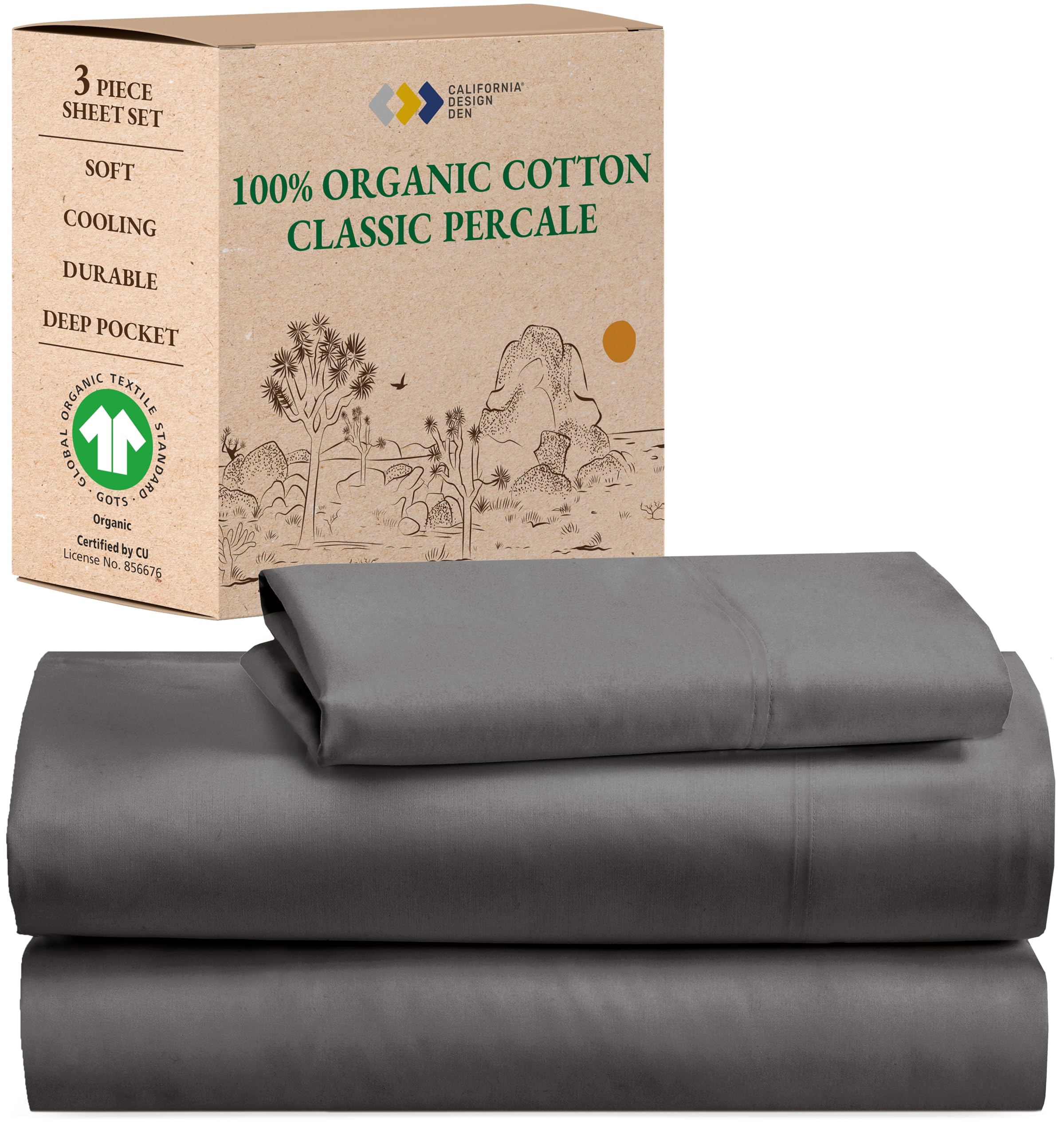 california design den twin sheets set - deep pocket 100 organic cotton sheets cool amp crisp percale durable bedding set - grey