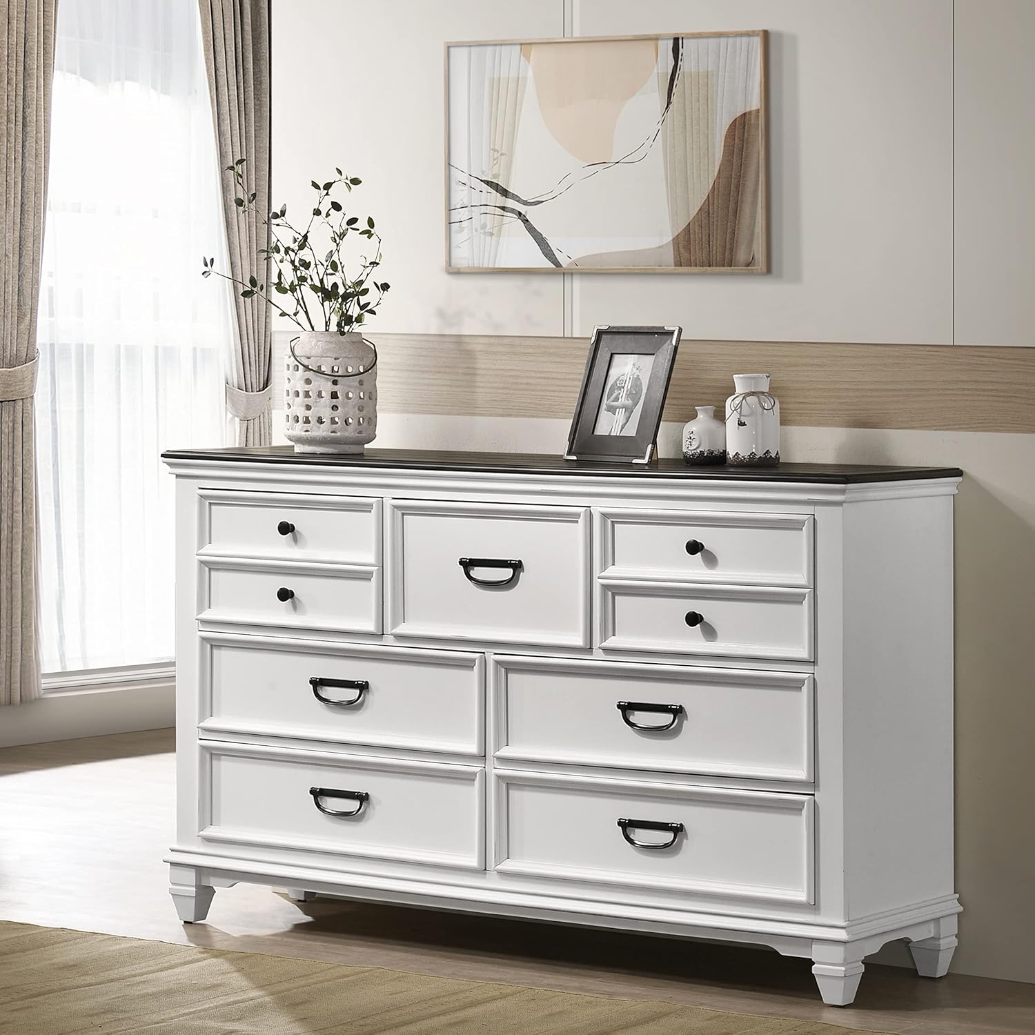 Clelane Wood 7-Drawer Dresser, Weathered White and Dark Gray
