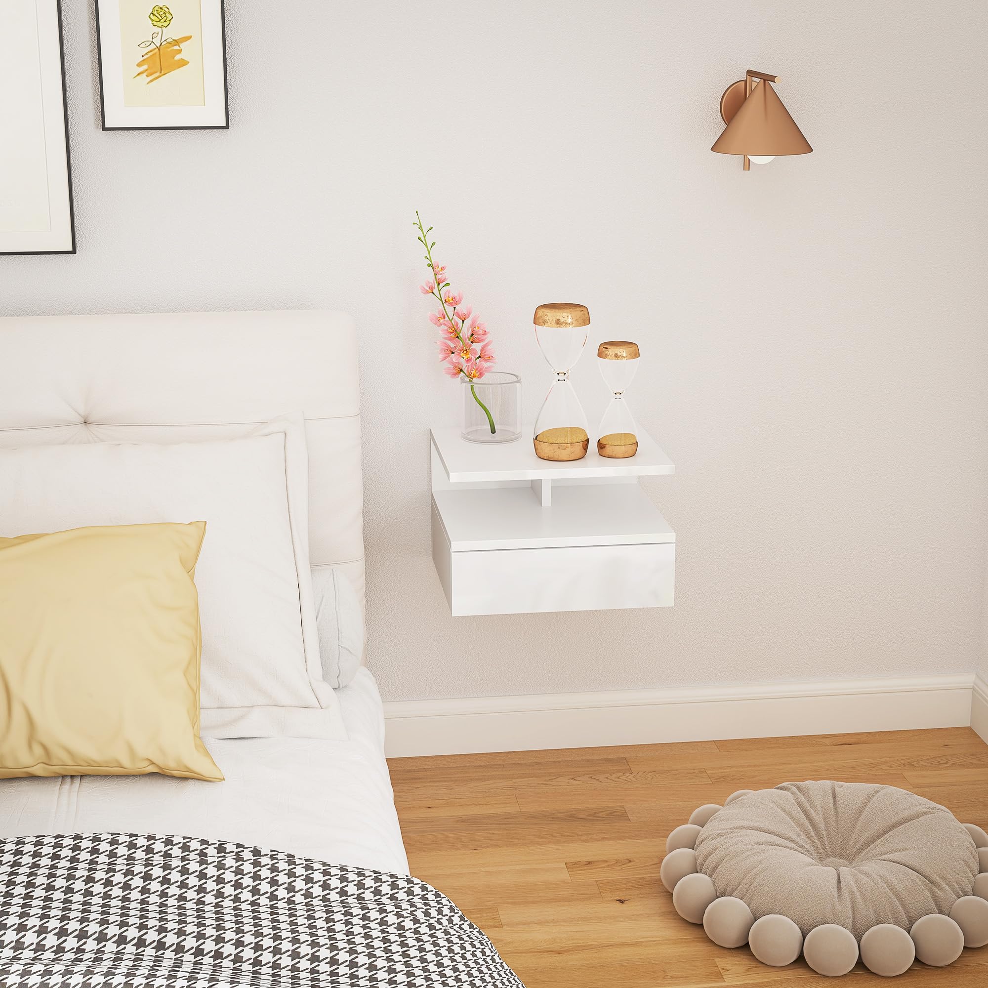 HOMCOM Comodino Sospeso per Camera da Letto con Cassetto e Ripiano Aperto, Comodino Moderno Salvaspazio in Legno, 35x32x22.5 cm, Bianco