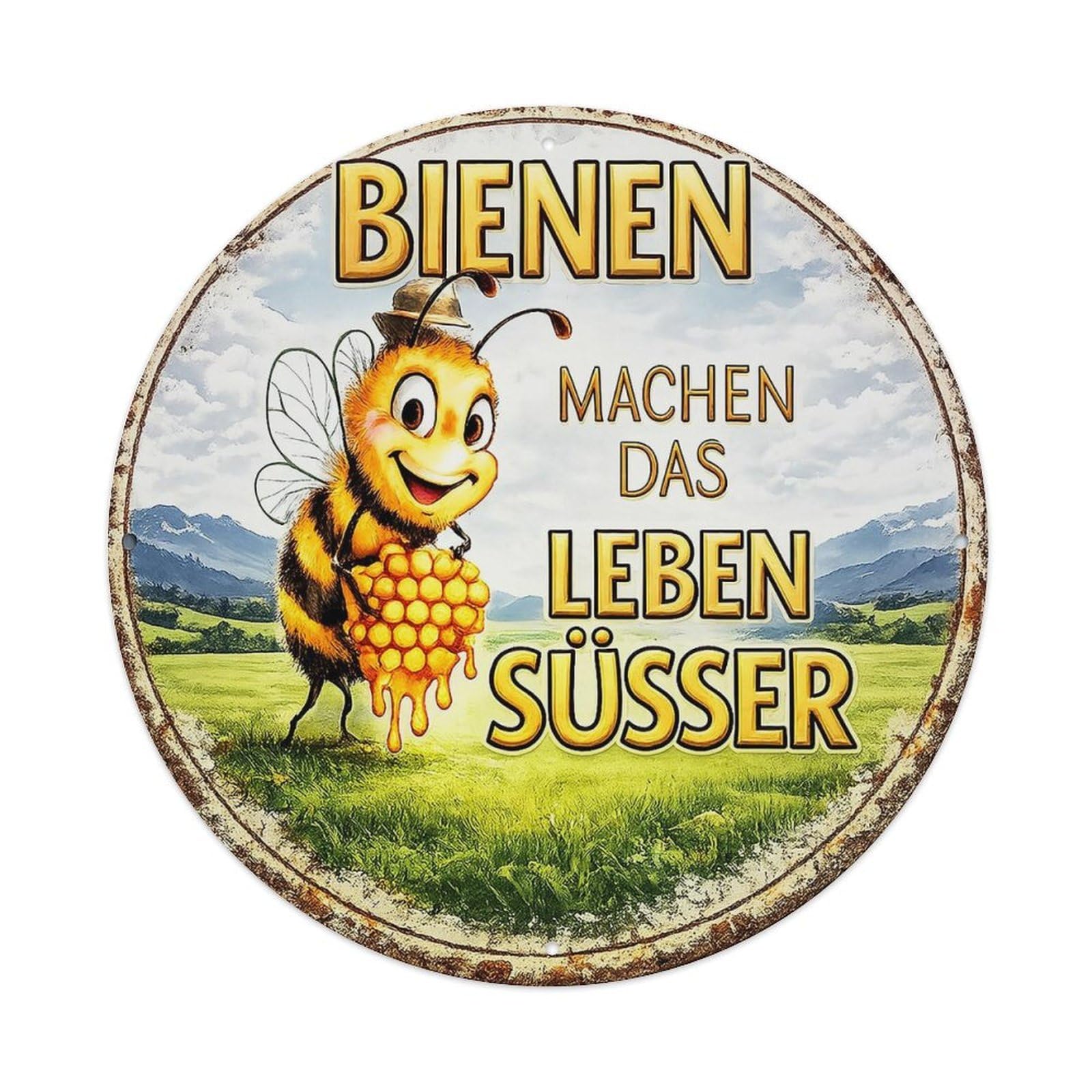 Bee Holding Honeycomb In Field Round Tin Sign Vintage Metal Sign Home Bar Garden Indoor & Outdoor Wall Decor Retro Metal Poster 8x8 Inch