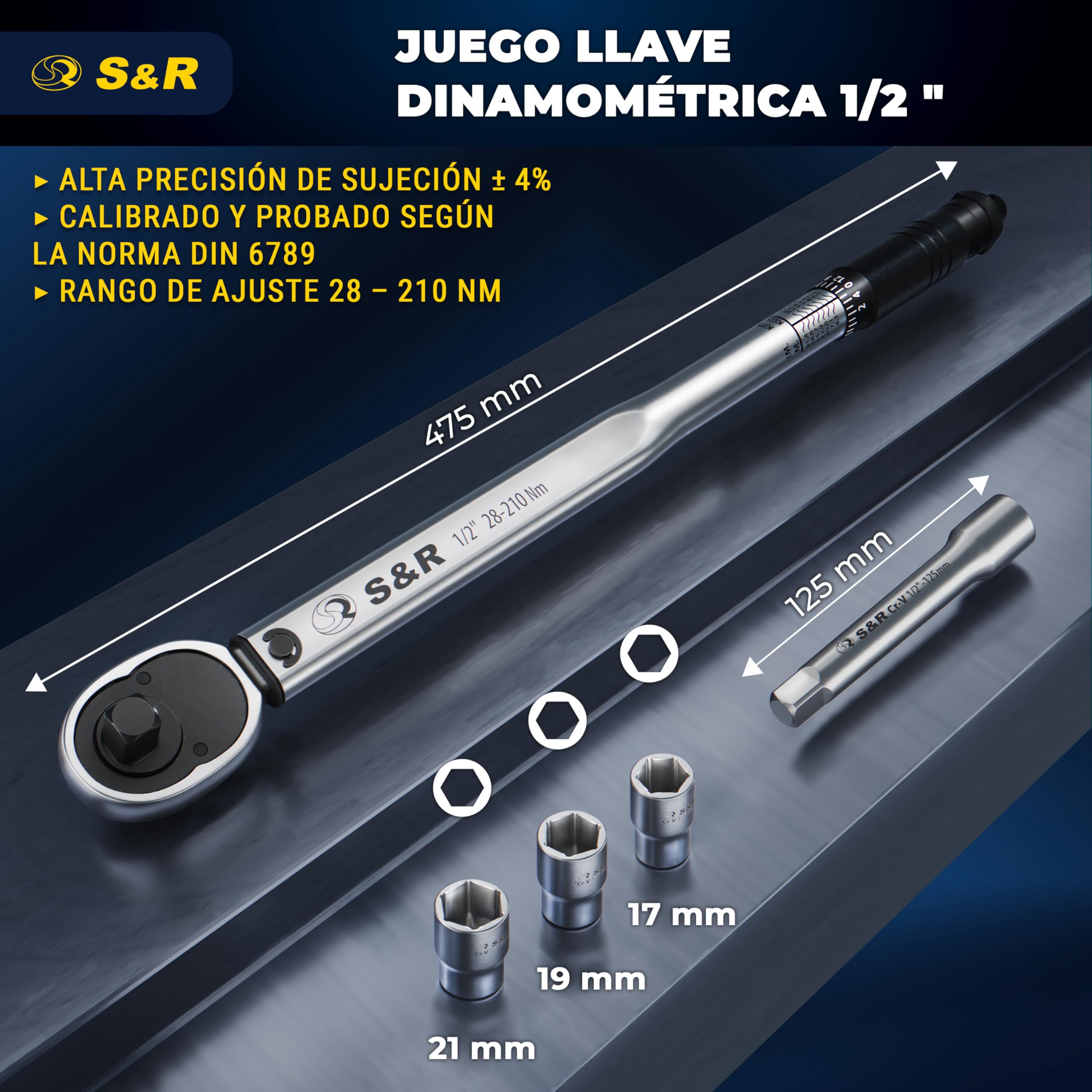 S&R Llave Dinamométrica 1/2 (28-210 Nm) – Torque Wrench Coche con Trinquete Reversible y Certificado ISO | Juego Completo con 3 Vasos (17,19,21 mm) y Barra de Extensión | Precisión ±4%