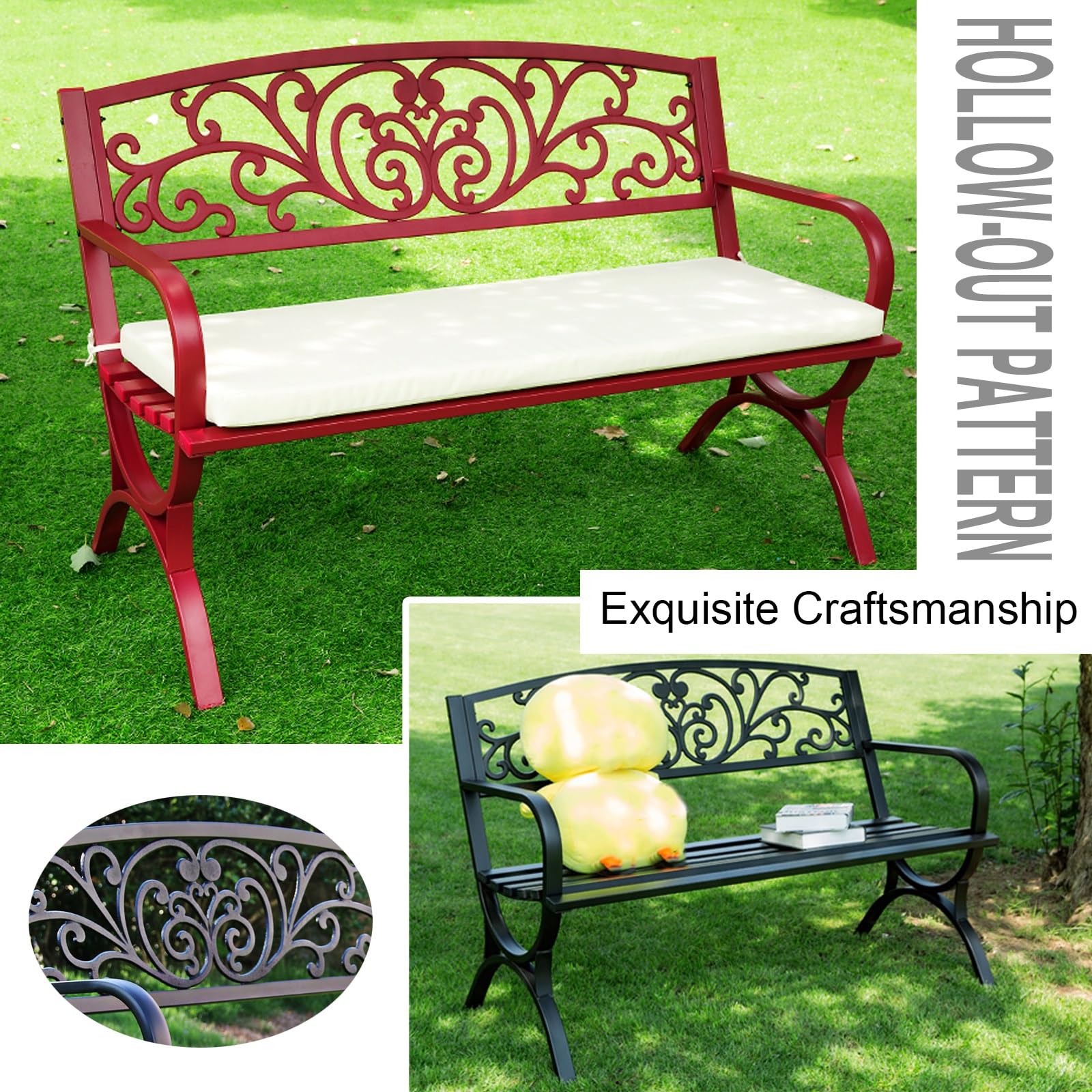 Panca da Giardino, Carico Massimo 300 kg, Panchina da Esterno per Prato, Parco, Terrazza, Panchina da Giardino Resistenti alle Intemperie per 2-3 Adulti(Red)
