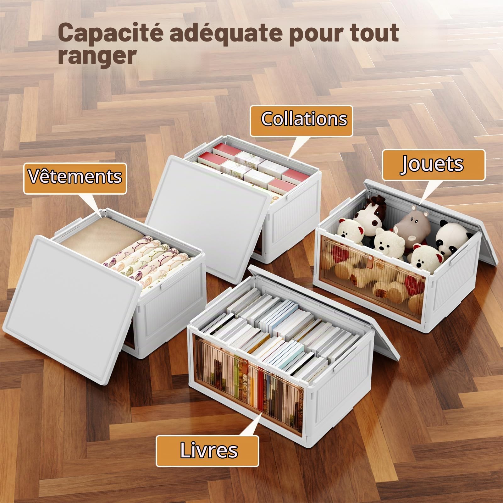 PurKeep Boite de Rangement avec Couvercle - 28L*4 Caisse Rangement Plastique, Boite Plastique Rangement avec Portes et roulettes, Boîtes de Rangement Pliables, Blanc, 4 Emballage