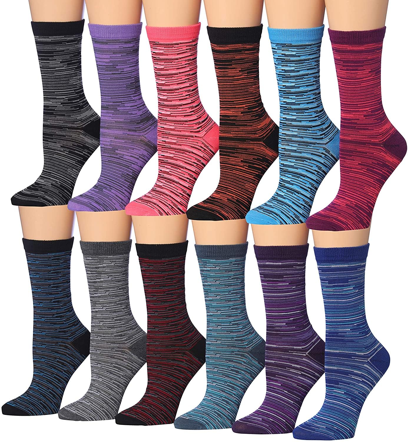 Tipi Toe Women's Plus Size 12 Pairs Lightweight Colorful Stripes & Ministripes Patterned Crew Socks, PWC84-T1