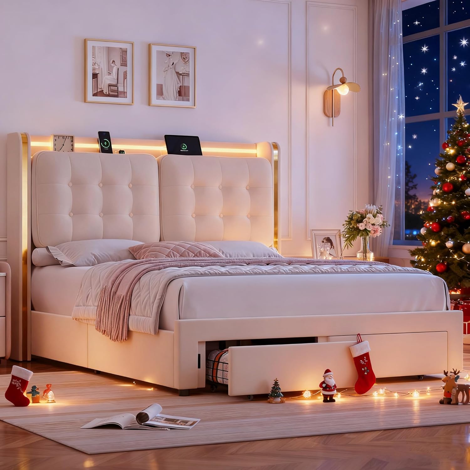 HIFIT Upholstered LED Queen Size Bed Frame with Storage and