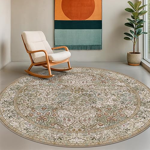 Boho 6ft Round Rug for Living Room - Floral Circle Rug for Bedroom, Dining Room, Home Office, Washable Low Pile Non Slip, Moss Green & Olive Indoor Aesthetic Décor