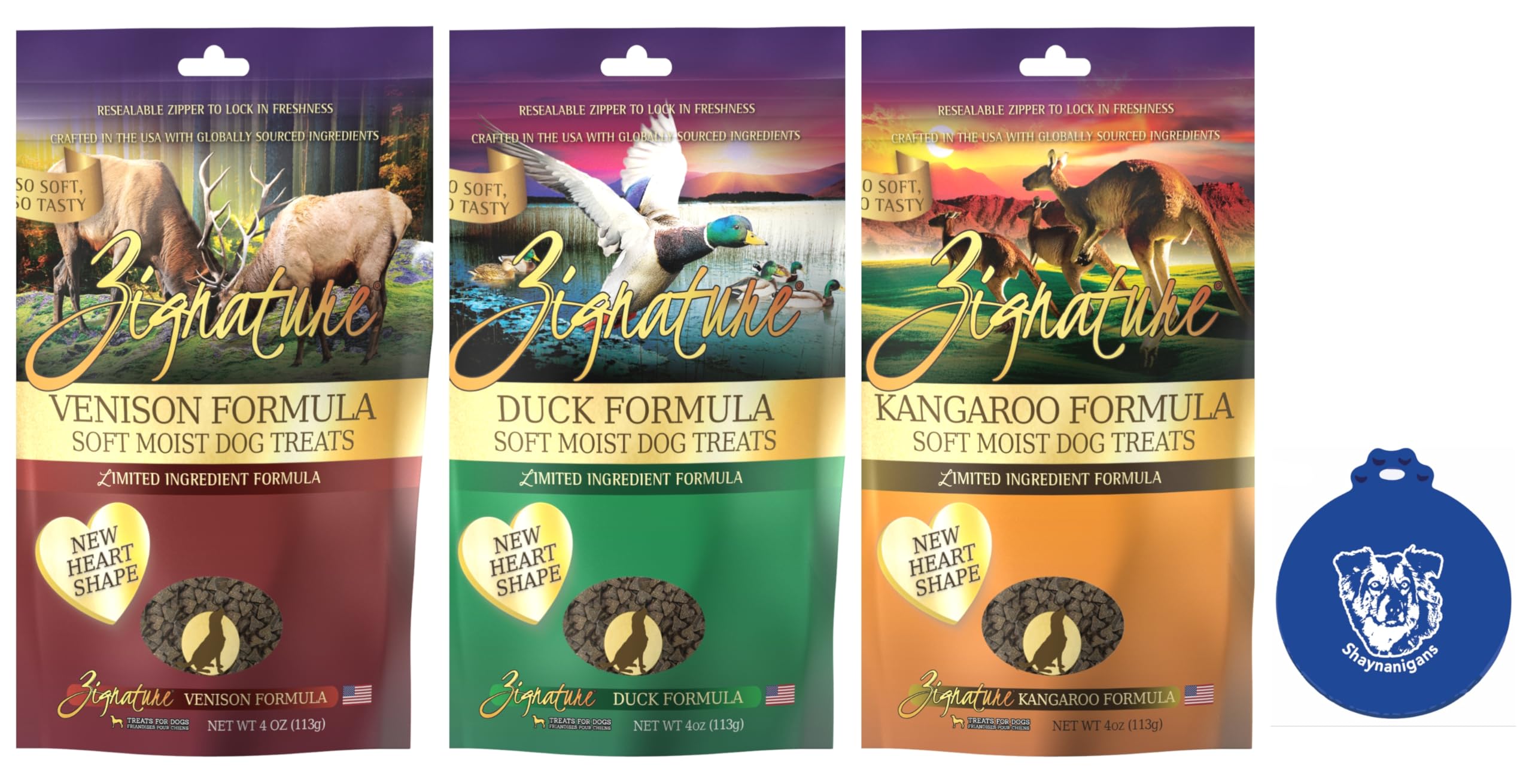 Zignature Soft Moist Dog Treats in 3 Flavor Variety Bundle: 1 Kangaroo, 1 Duck and 1 Vension (3 Bags Total, 4 Ounces Each) Plus Shaynanigans Silicone