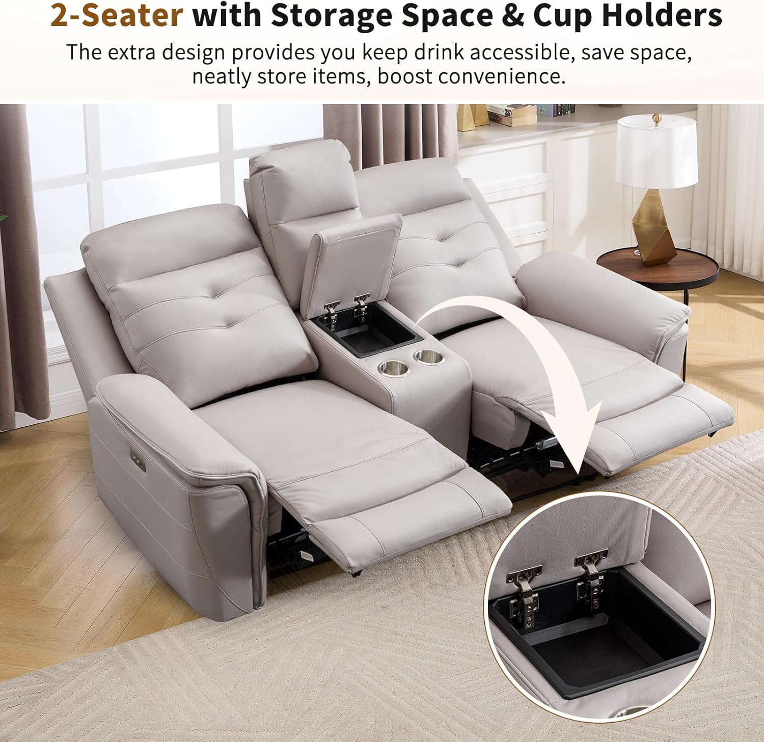 ANJ Oversized Power Reclining Loveseat Sofa Set of 2 with USB Charging Port, Breathable Faux Leather 2-Seater Electric Recliner Couch with Cup Holders & Storage Console for Living Room, Beige