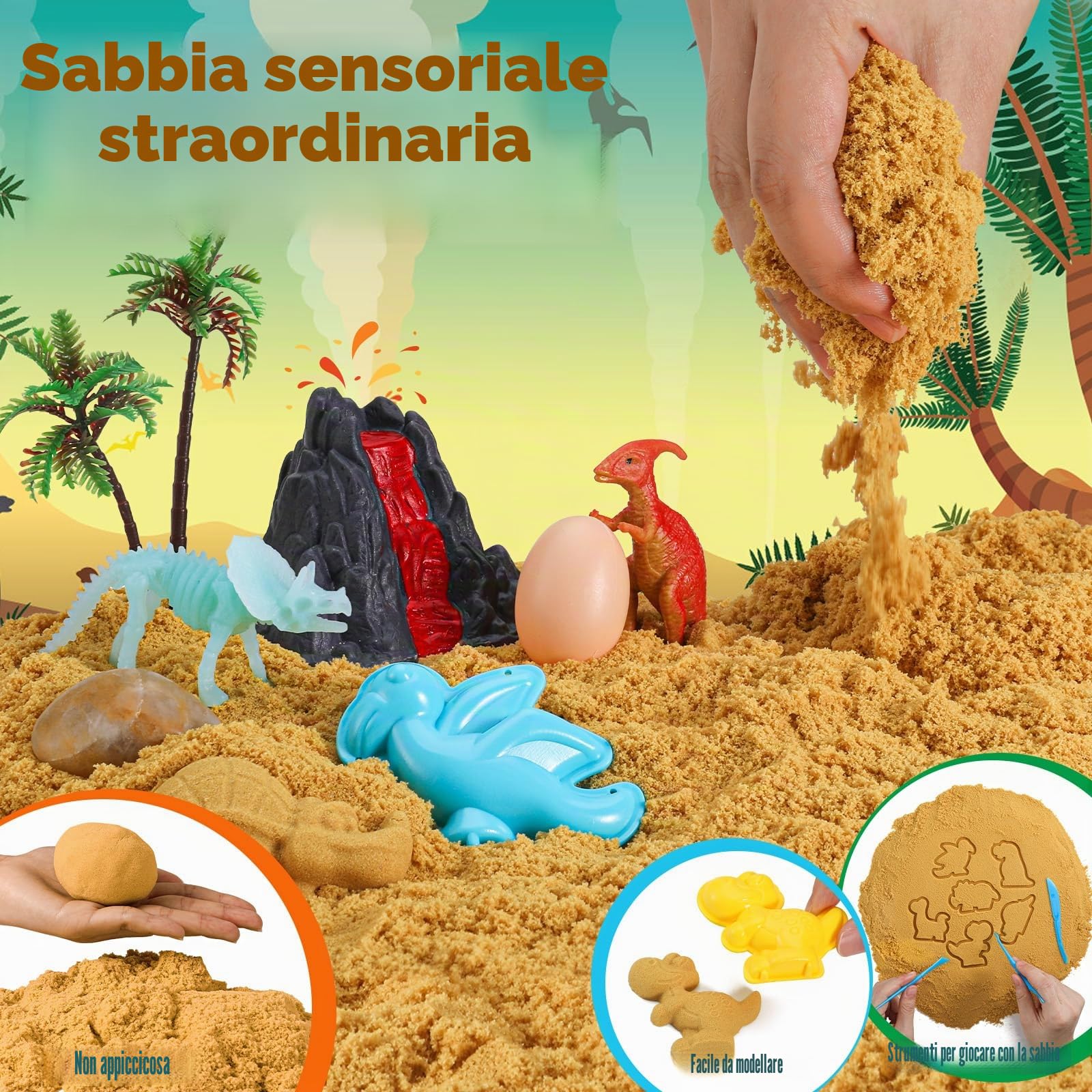 FRUSE Sabbia Giocattolo per Bambini, Kit di Sabbiera con Sabbia Magica, Dinosauro Giocattolo, Lente d'Ingrandimento con Dinosauri, Giocattoli Sensoriali Giochi Sabbiera Regalo di Natale per Bambini