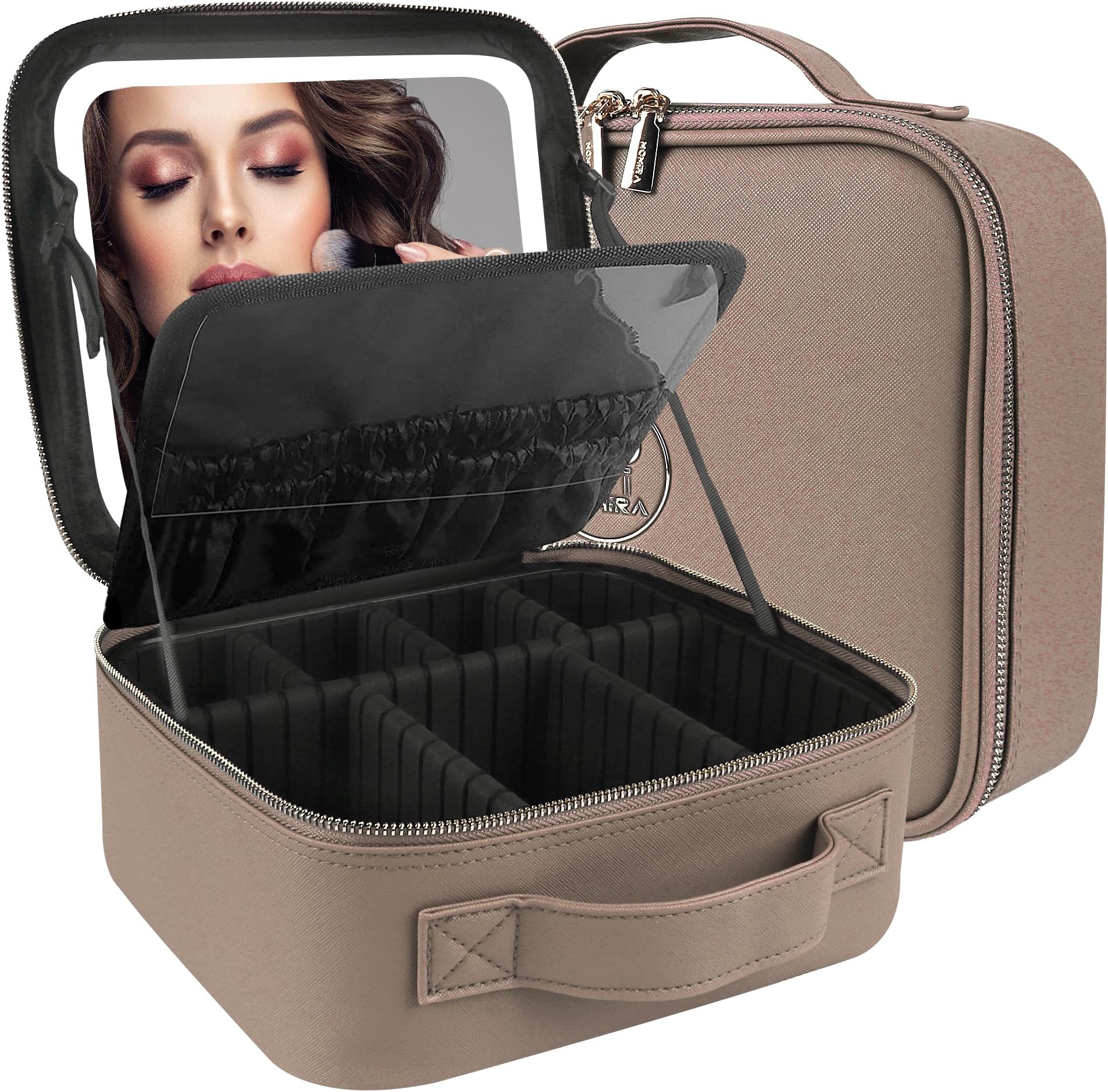 MOMIRA Travel Makeup Bag Cosmetic Bag Makeup Organizer Bag with Lighted Mirror, Adjustable Brightness in 3 Color Scenarios, Waterproof Makeup Train Case, Gift for Women, Z-Deep Apricot, Small