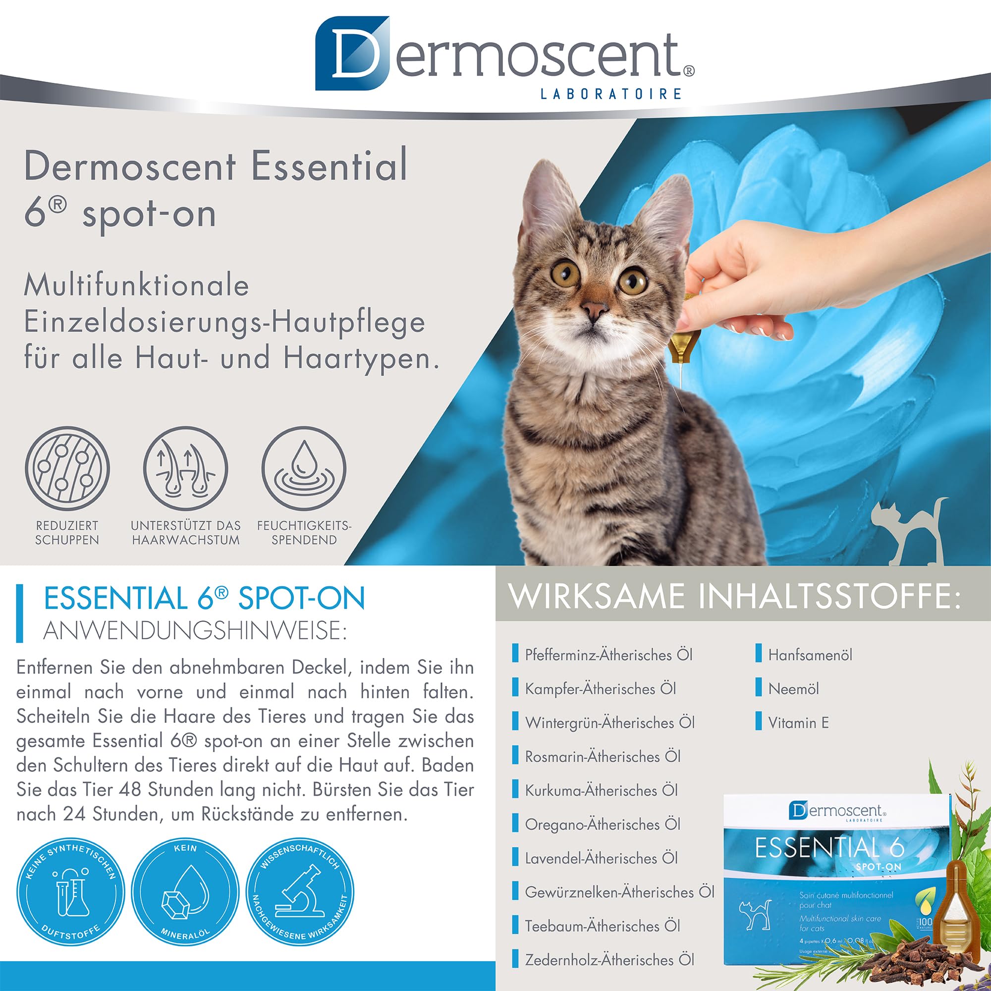 Essential 6 Spot-On | Innovatives Hautpflegeprodukt für Katzen | Hält die Haut feucht, das Fell glänzend, kontrolliert den Haarausfall, reduziert Gerüche und schützt mit natürlichen Inhaltsstoffen